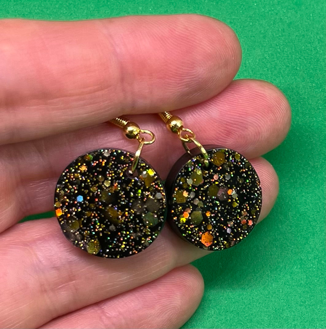 Black and Gold small circle earrings, starry night collection, sparkling earrings, black and gold circle earrings, gifts for her