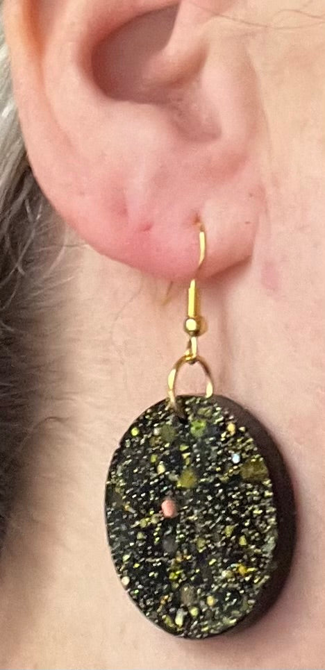 Black and Gold large circle earrings, starry night collection, sparkling earrings, black and gold circle earrings, gifts for her
