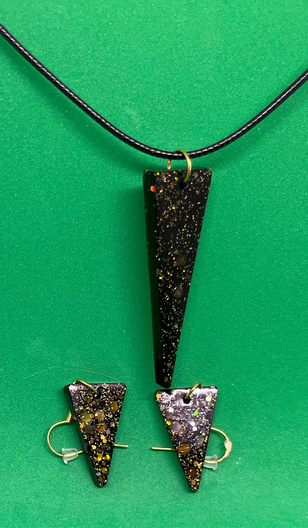 Black Glitter Triangle Earrings: Hypoallergenic Gold Tone Resin Jewelry