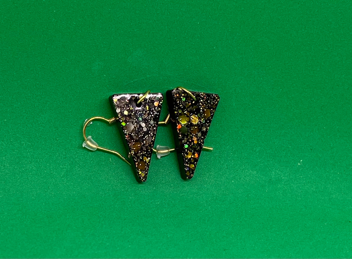 Black and Gold small triangle earrings, starry night collection, sparkling earring, black and gold triangle, earrings, gifts for her