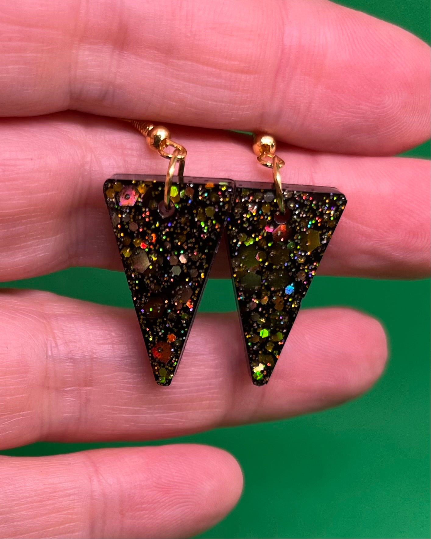 Black Glitter Triangle Earrings: Hypoallergenic Gold Tone Resin Jewelry