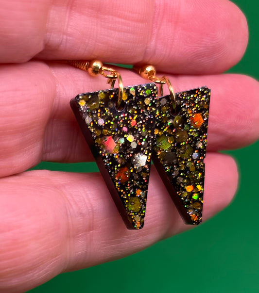 Black and Gold small triangle earrings, starry night collection, sparkling earring, black and gold triangle, earrings, gifts for her