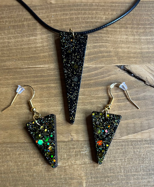 Black Glitter Triangle Earrings: Hypoallergenic Gold Tone Resin Jewelry