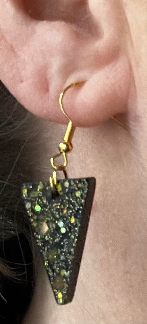 Black and Gold small triangle earrings, starry night collection, sparkling earring, black and gold triangle, earrings, gifts for her