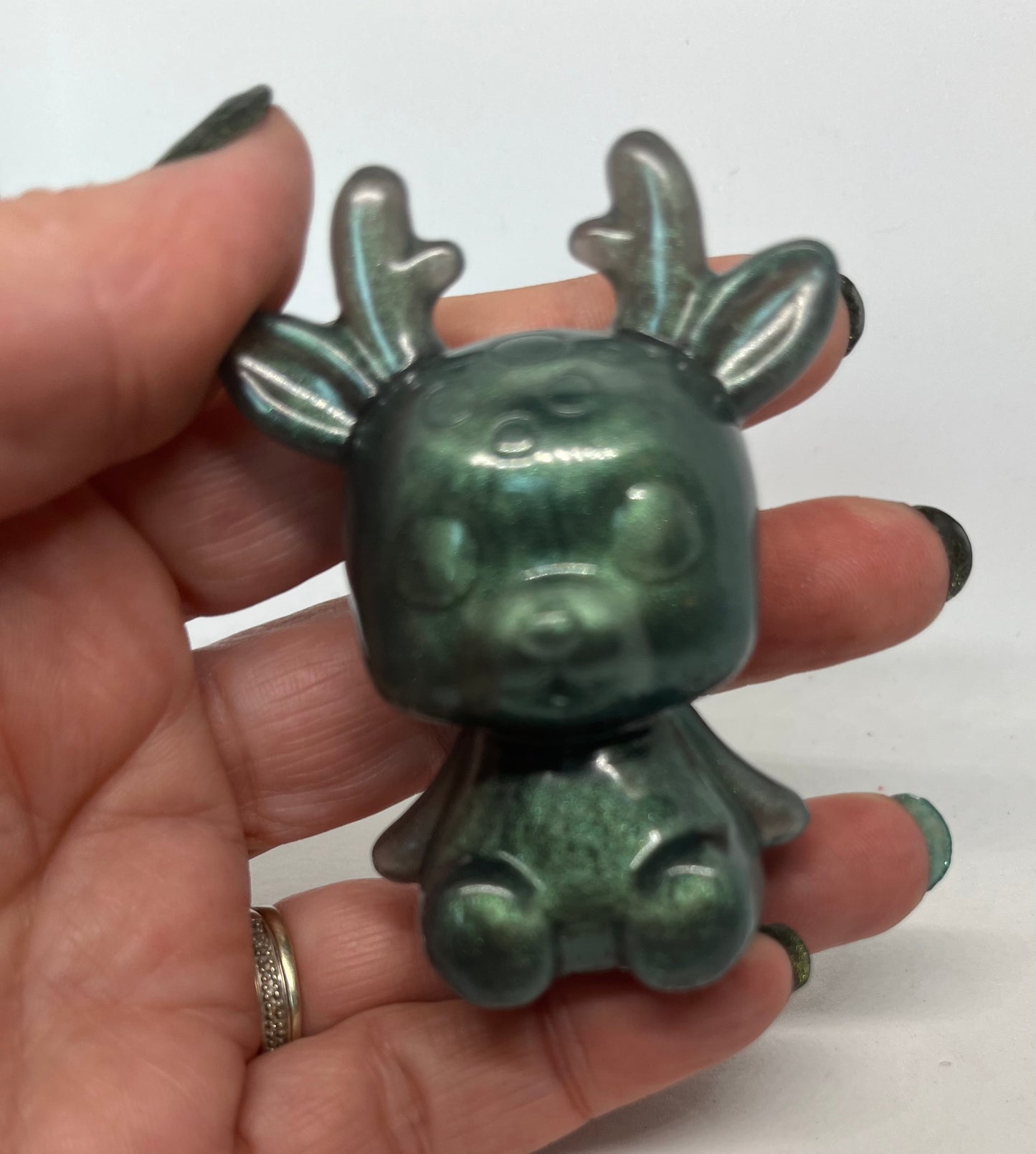 Green Reindeer Resin Figurine, Whimsical Decor, Holiday Seasonal figure, for Collectors