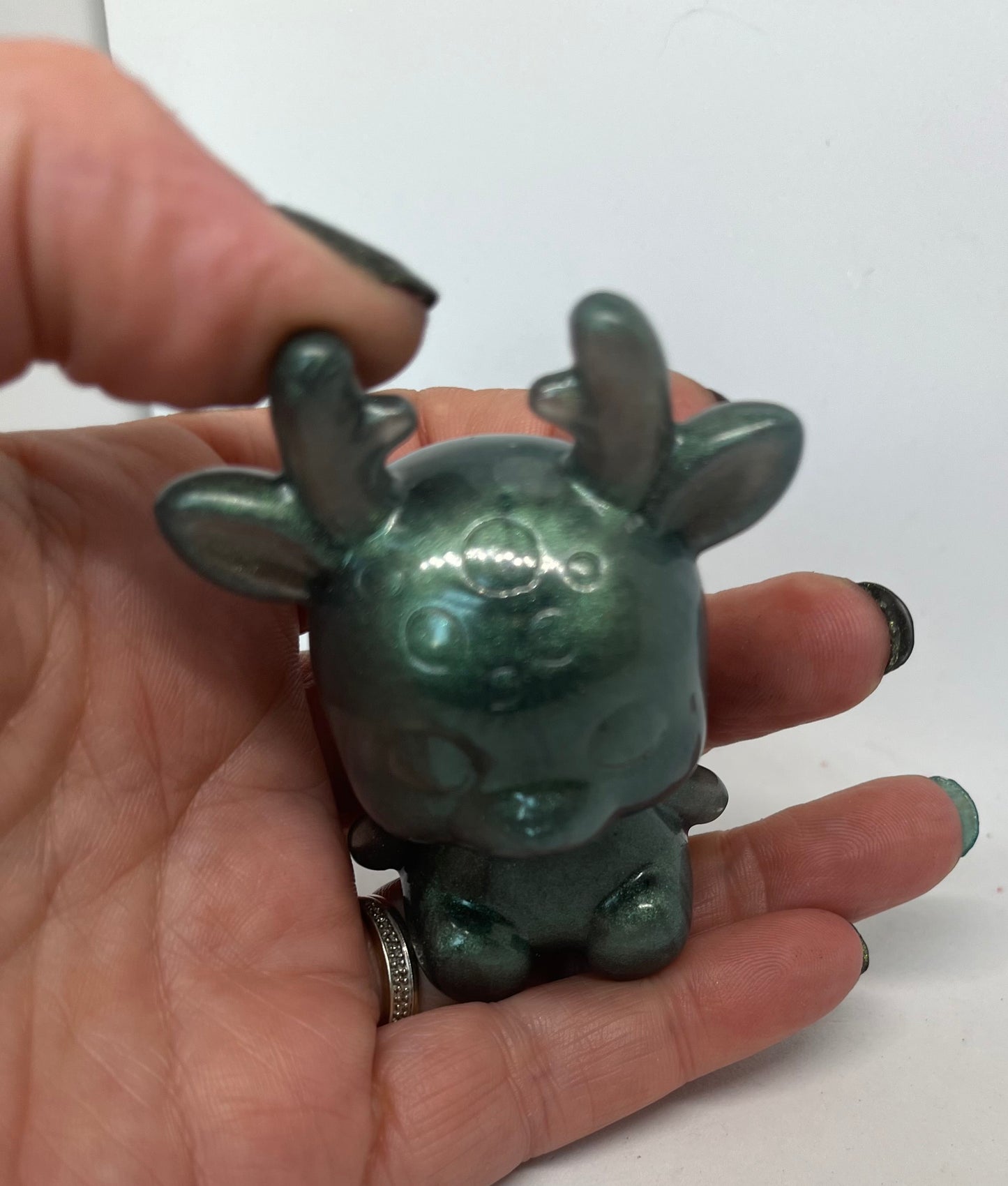 Green Reindeer Resin Figurine, Whimsical Decor, Holiday Seasonal figure, for Collectors