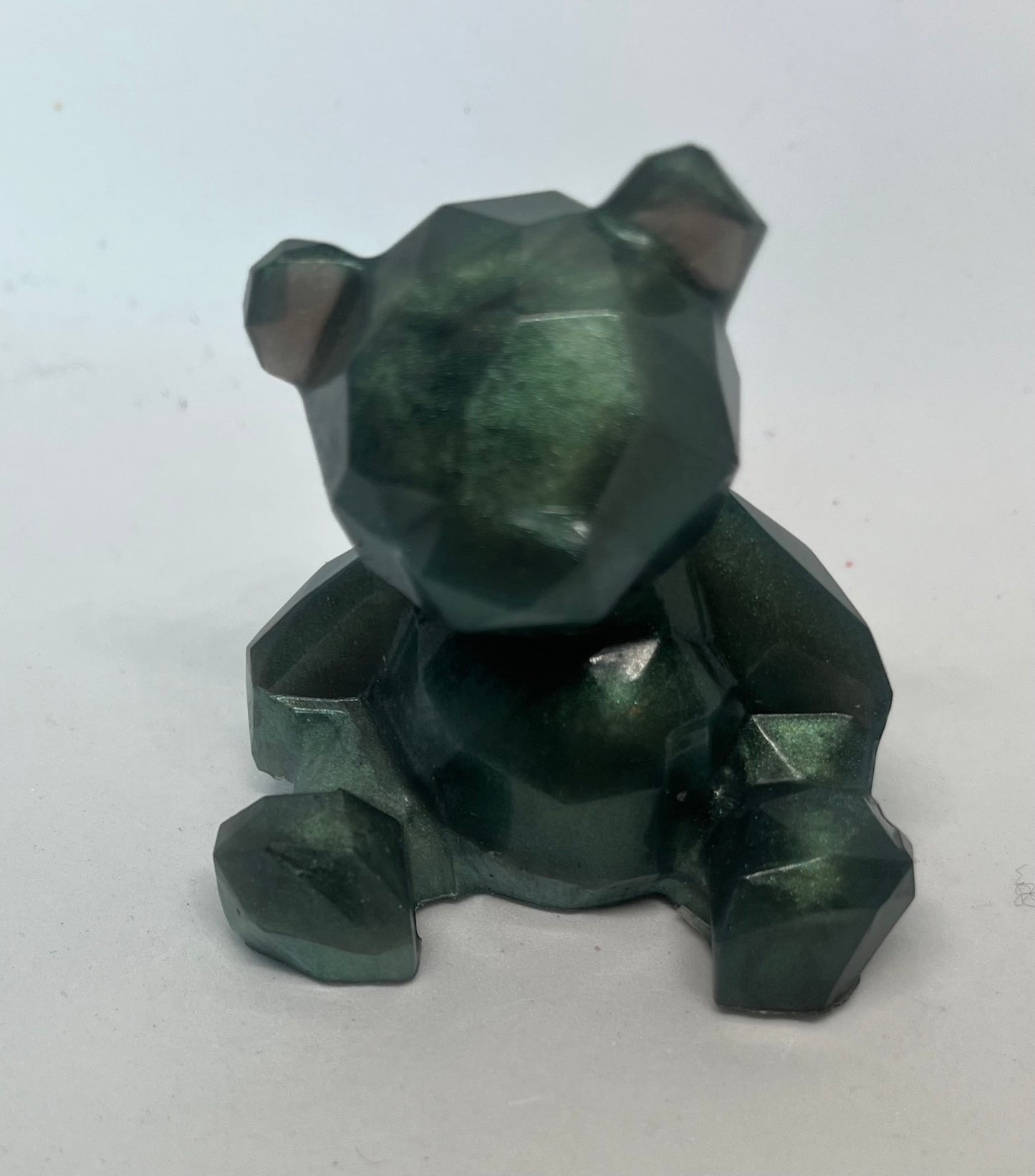 Handmade Resin Geometric Bear, Two-Tone Green Pocket Pet, Shelf Decor