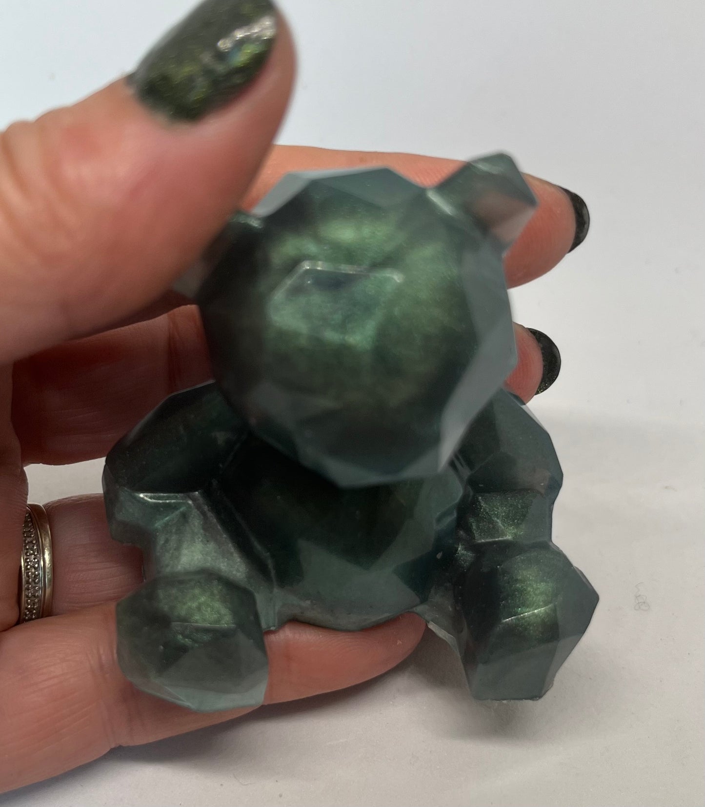 Handmade Resin Geometric Bear, Two-Tone Green Pocket Pet, Shelf Decor