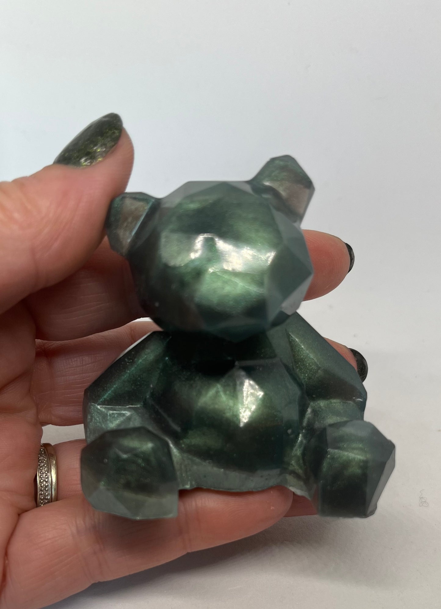 Handmade Resin Geometric Bear, Two-Tone Green Pocket Pet, Shelf Decor
