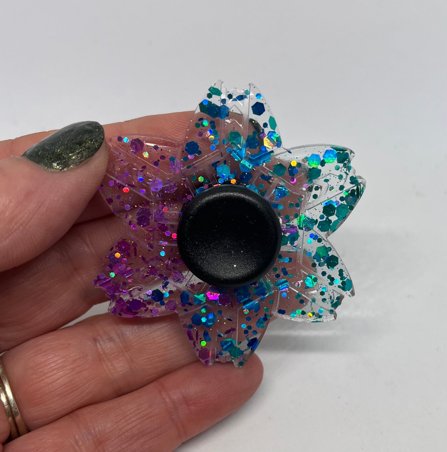 Tri‑Colour Glitter Fidget Spinner, Handmade Resin Mindful Toy