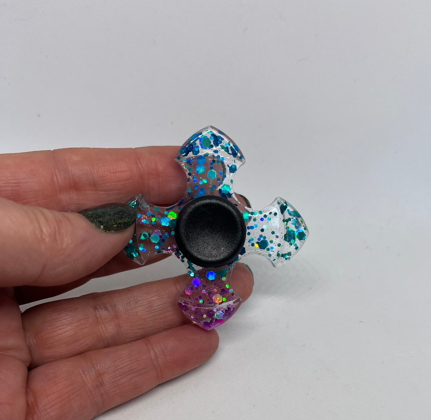 Tri‑Colour Glitter Fidget Spinner, Handmade Resin Mindful Toy