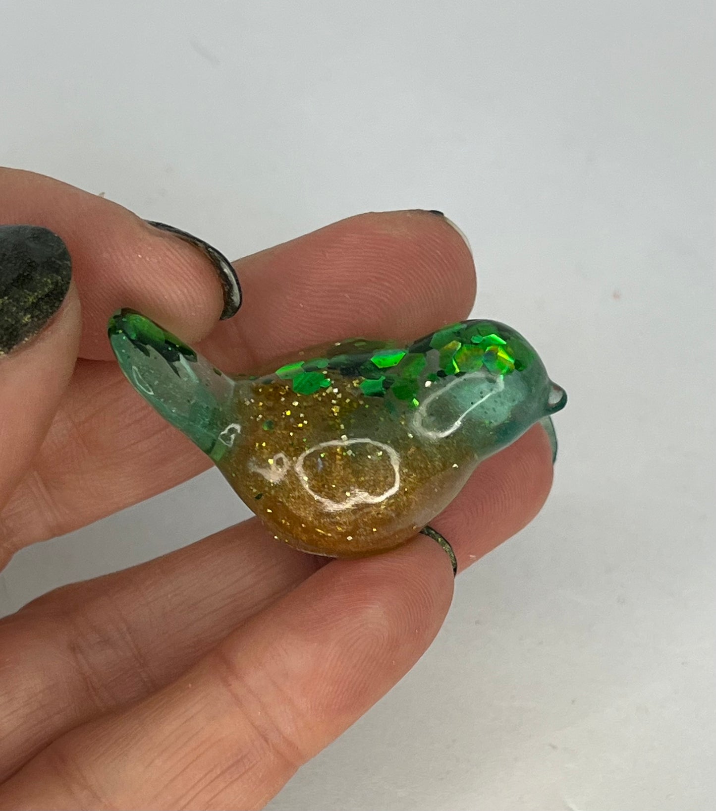 Handmade Green Gold Glitter Resin Bird Figurines, Pocket Pet Decor