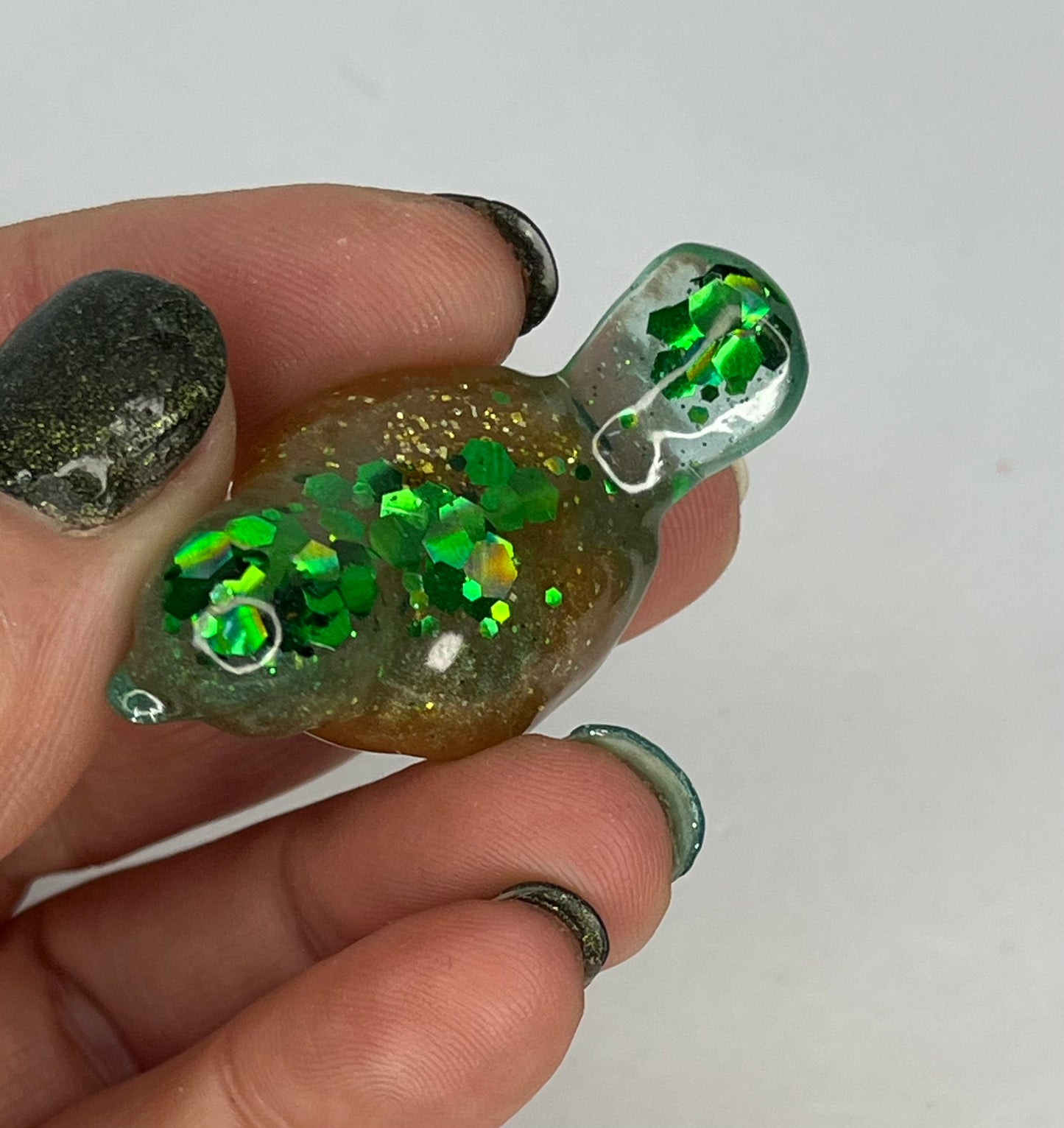 Handmade Green Gold Glitter Resin Bird Figurines, Pocket Pet Decor