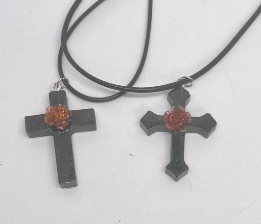 Black Cross Necklace with Red Rose Pendant, Gothic Charm on Nylon Cord