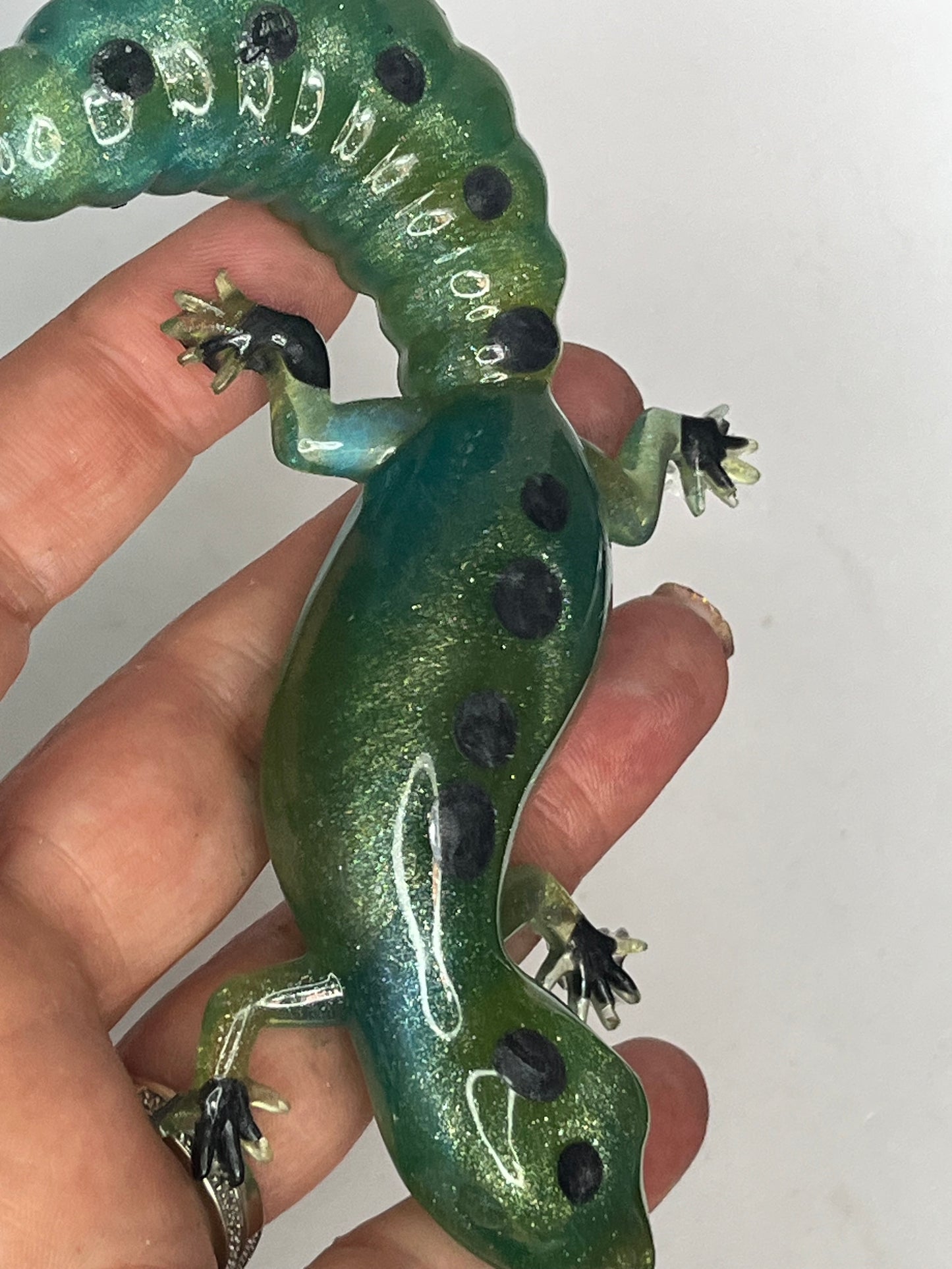 Green and blue spotted gecko resin figurine, handcrafted collectible, desk decor for miniature lovers