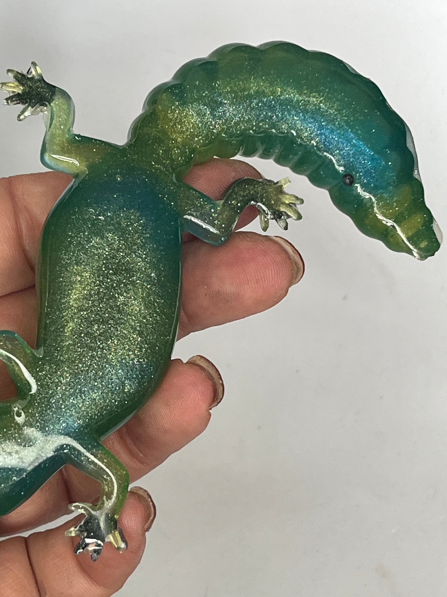 Green and blue spotted gecko resin figurine, handcrafted collectible, desk decor for miniature lovers