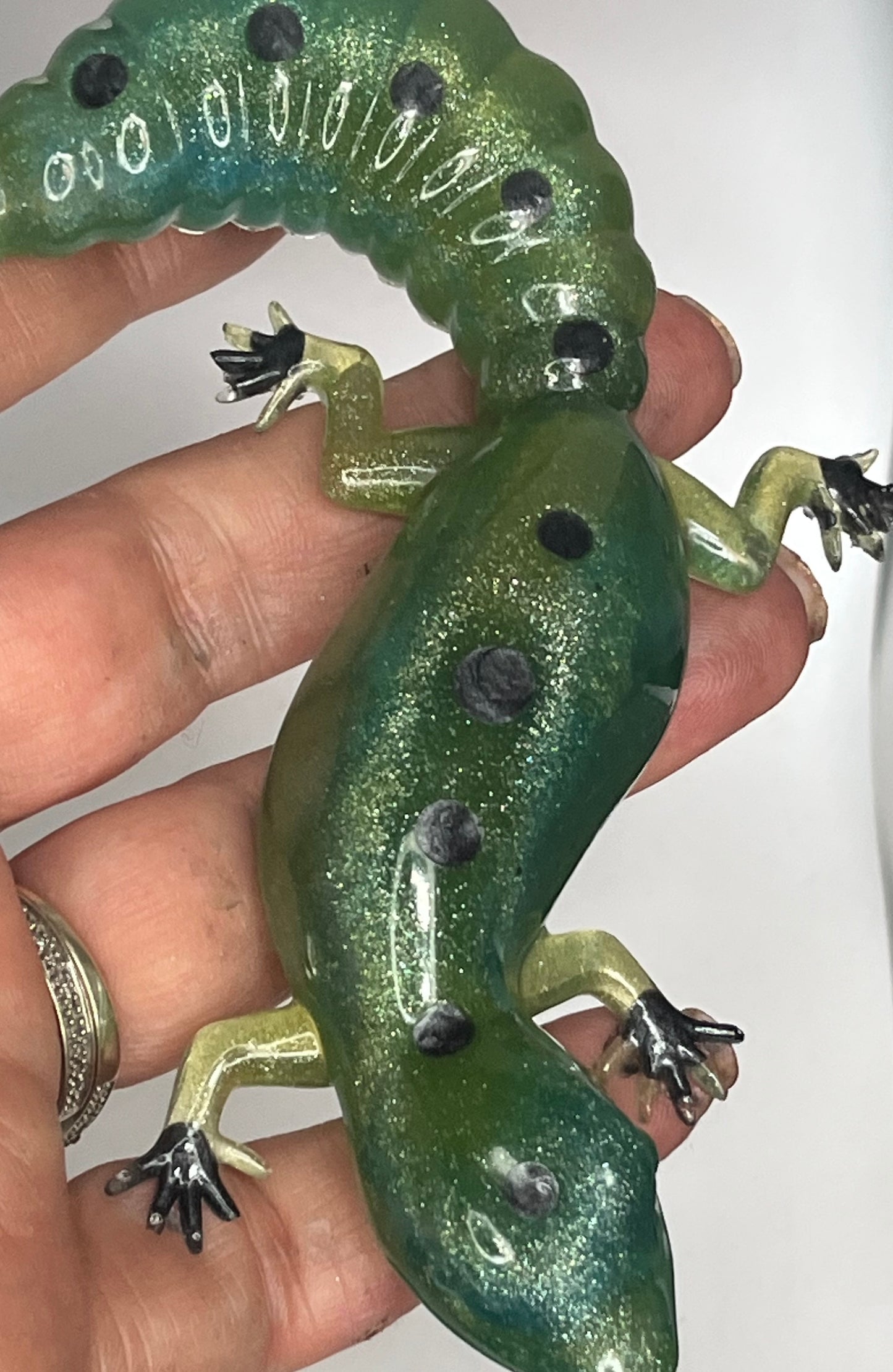 Green and blue spotted gecko resin figurine, handcrafted collectible, desk decor for miniature lovers