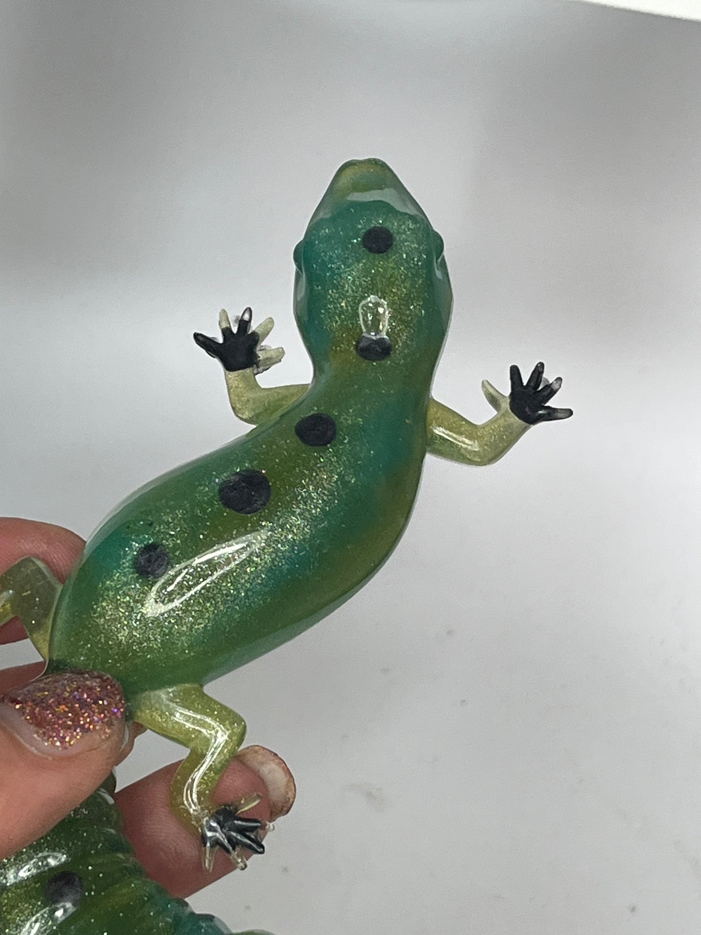 Green and blue spotted gecko resin figurine, handcrafted collectible, desk decor for miniature lovers