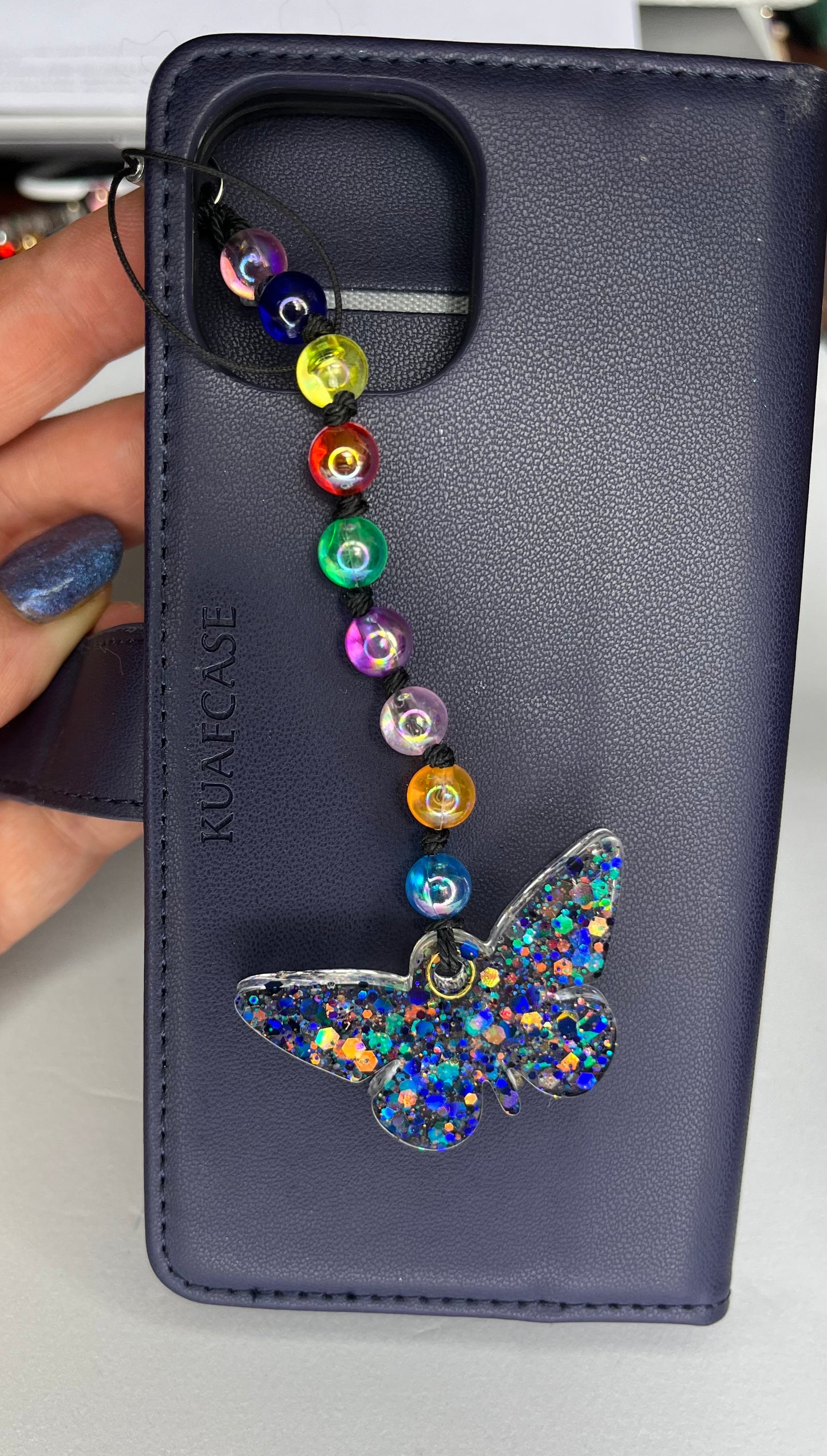 Multi Coloured Beaded phone charm with Butterfly