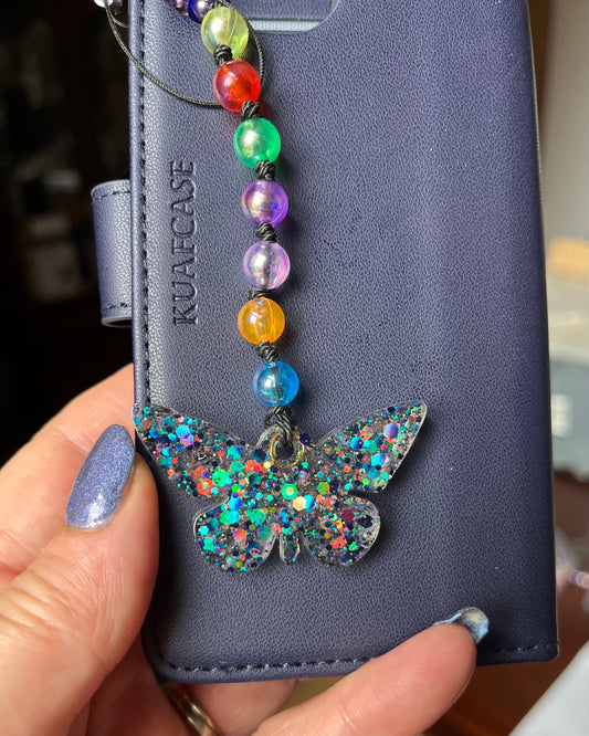 Multi Coloured Beaded phone charm with Butterfly
