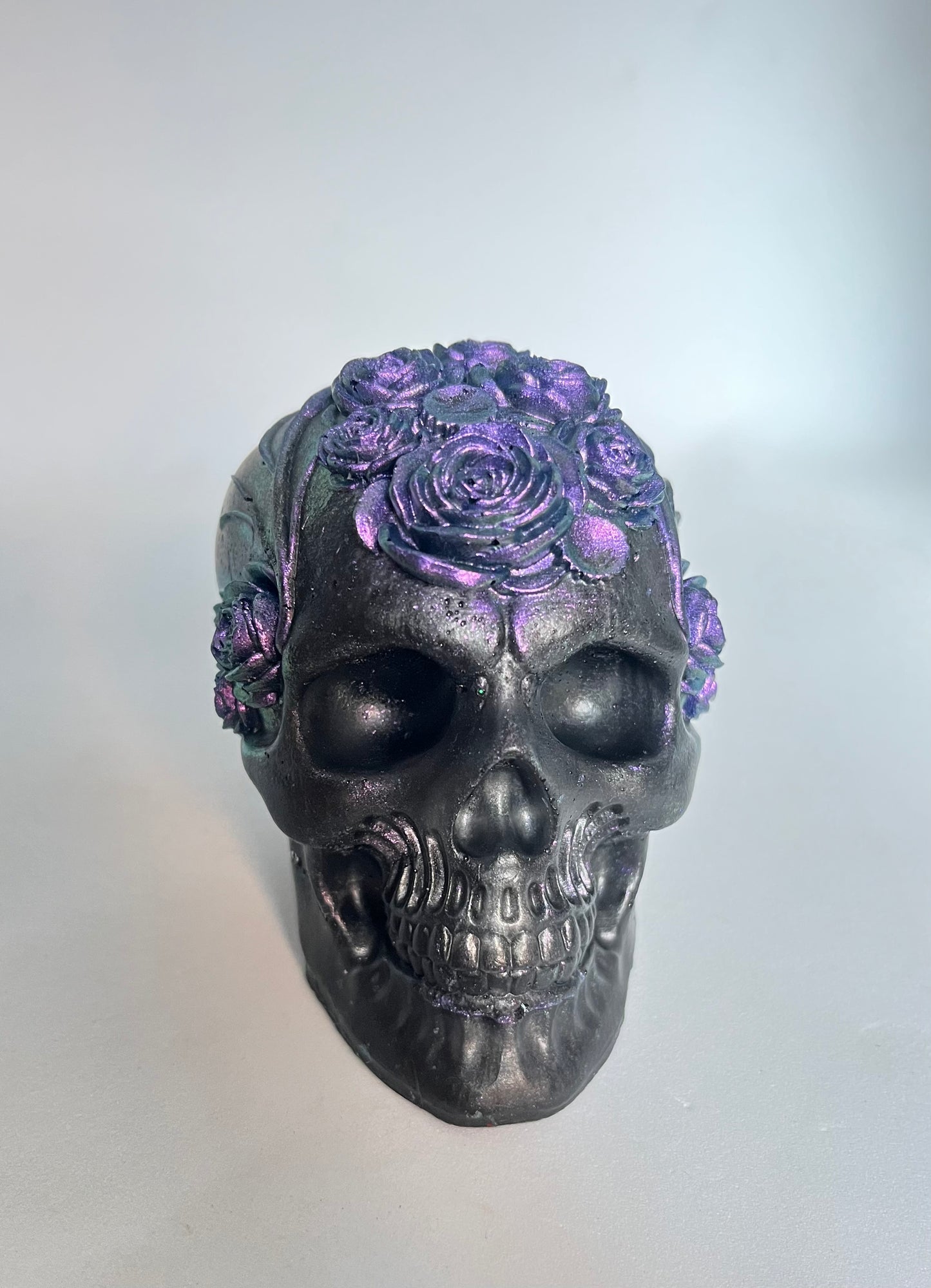 Black Resin Skull Paperweight with Flowers