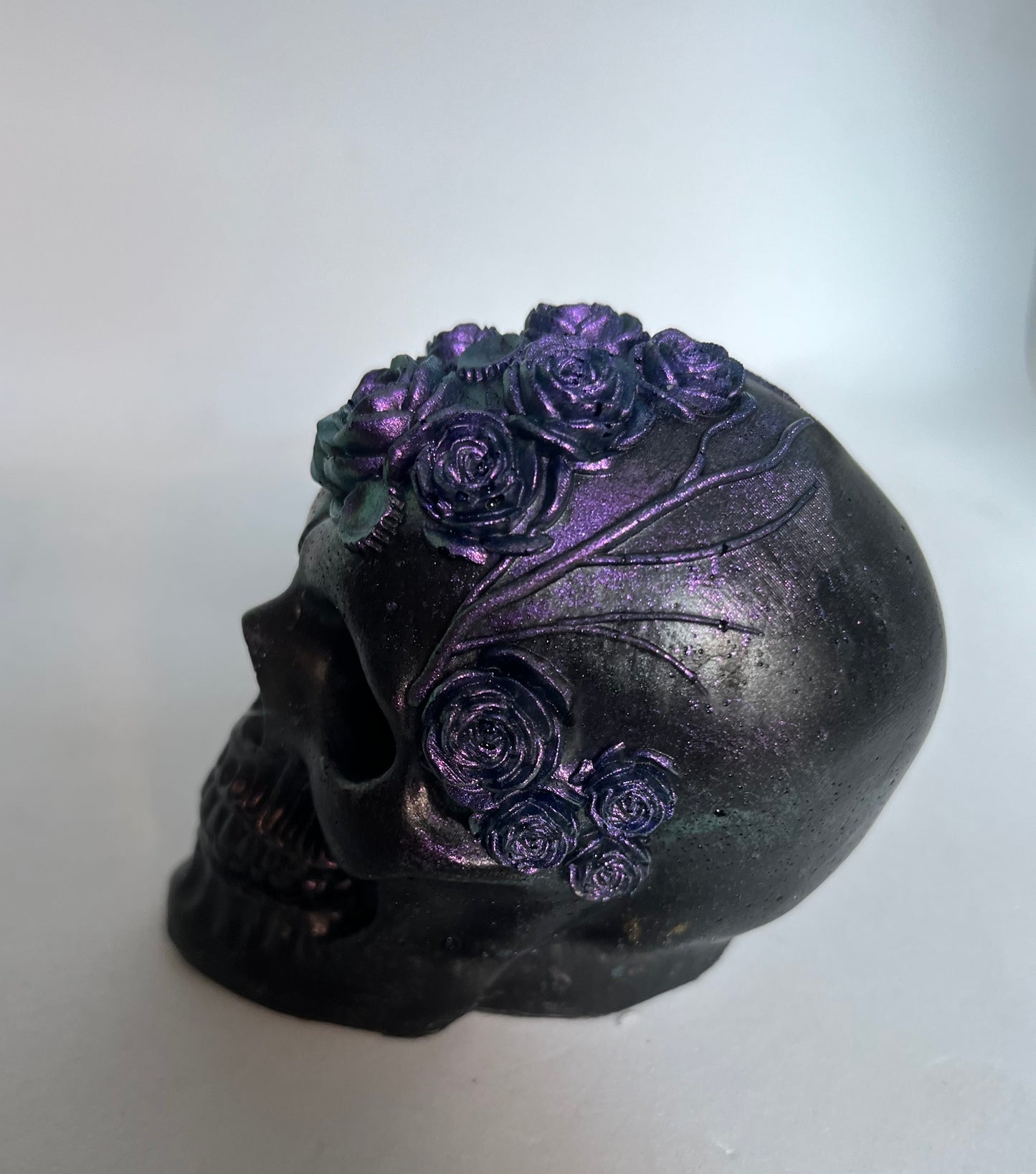 Black Resin Skull Paperweight with Flowers