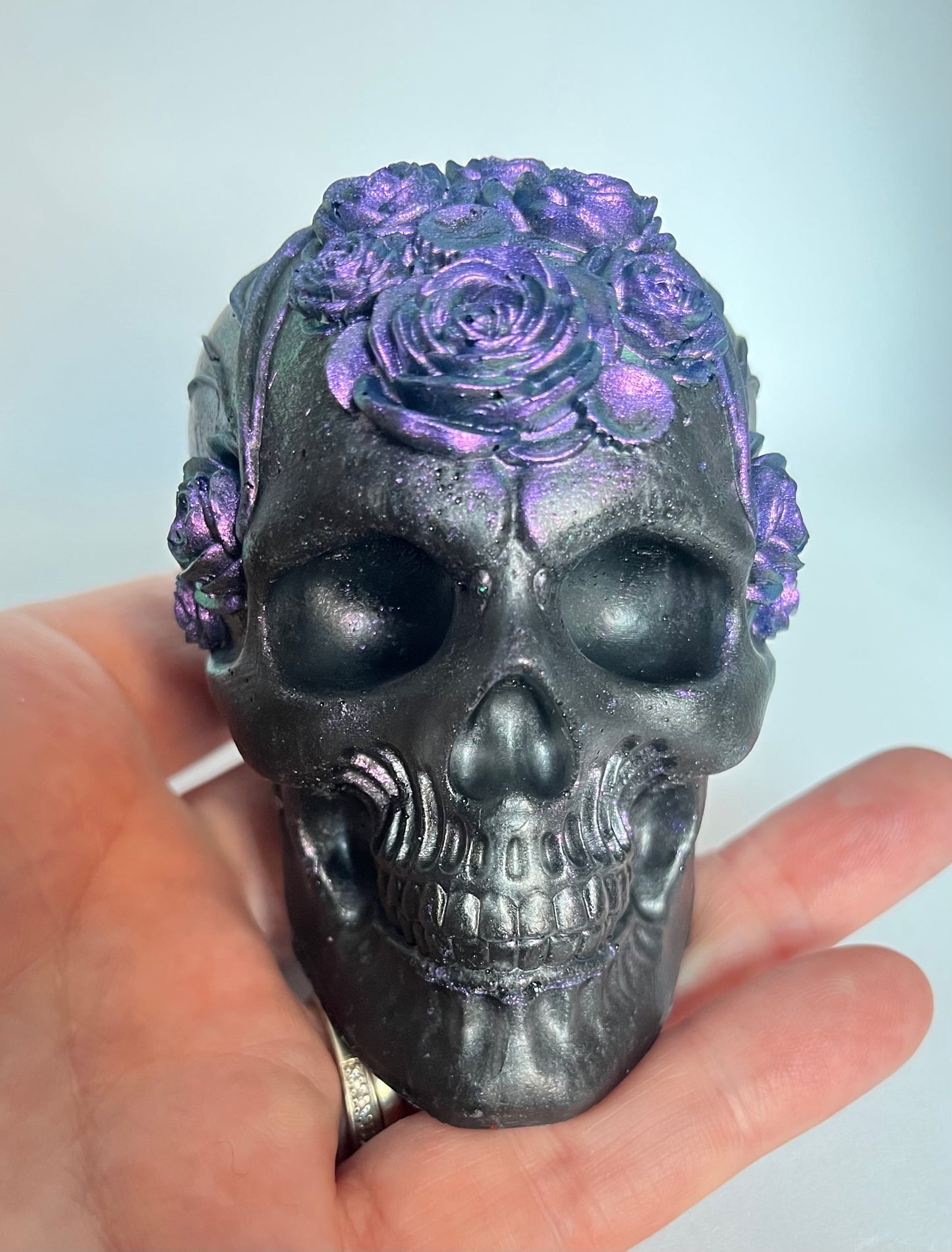 Black Resin Skull Paperweight with Flowers