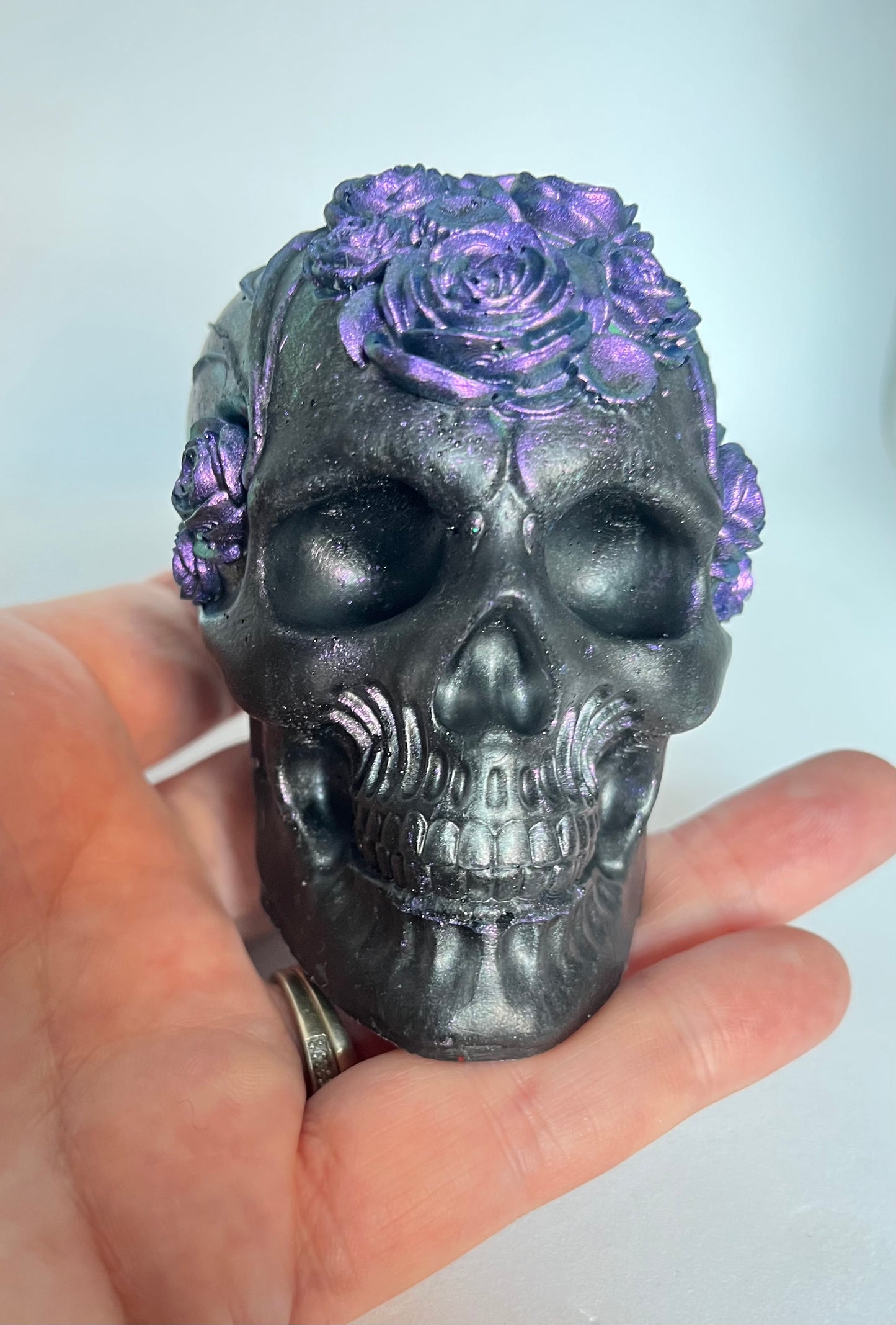 Black Resin Skull Paperweight with Flowers