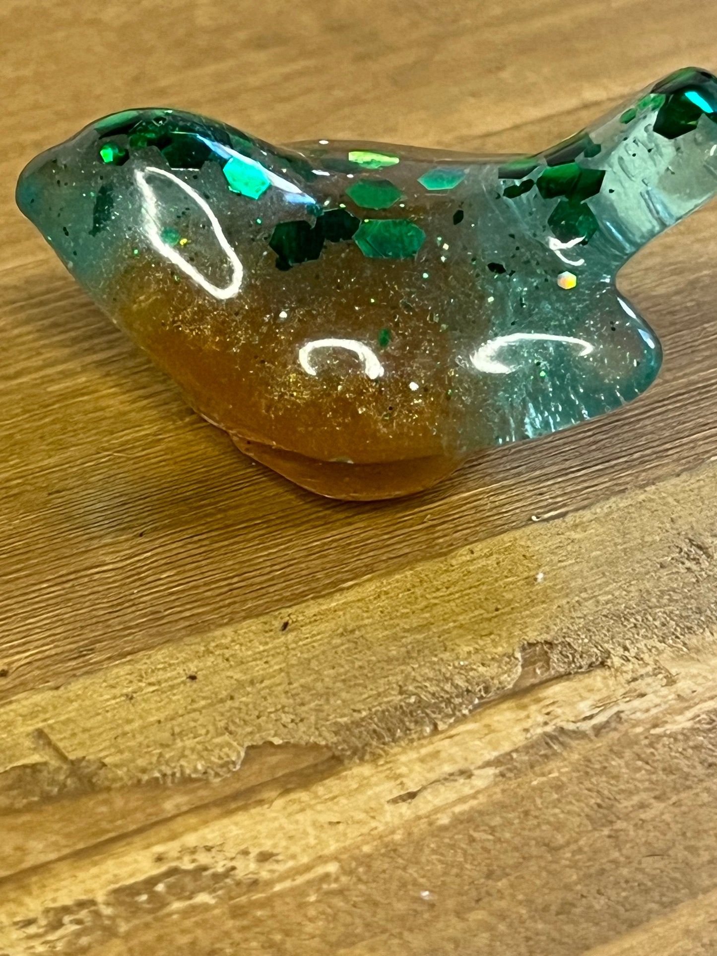 Handmade Green Gold Glitter Resin Bird Figurines, Pocket Pet Decor