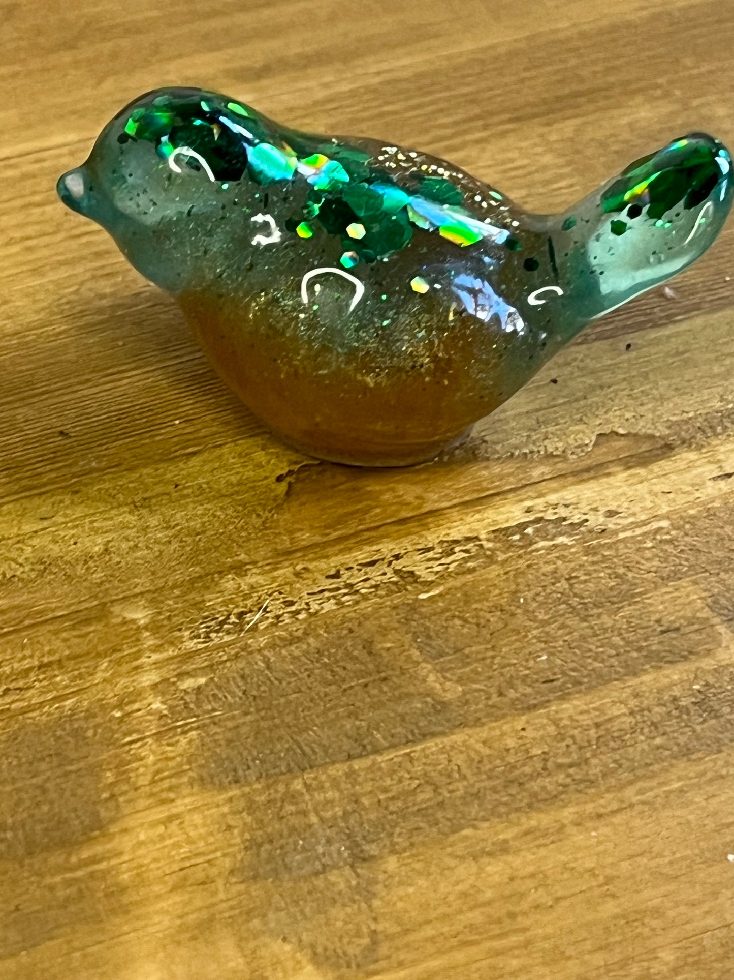 Handmade Green Gold Glitter Resin Bird Figurines, Pocket Pet Decor