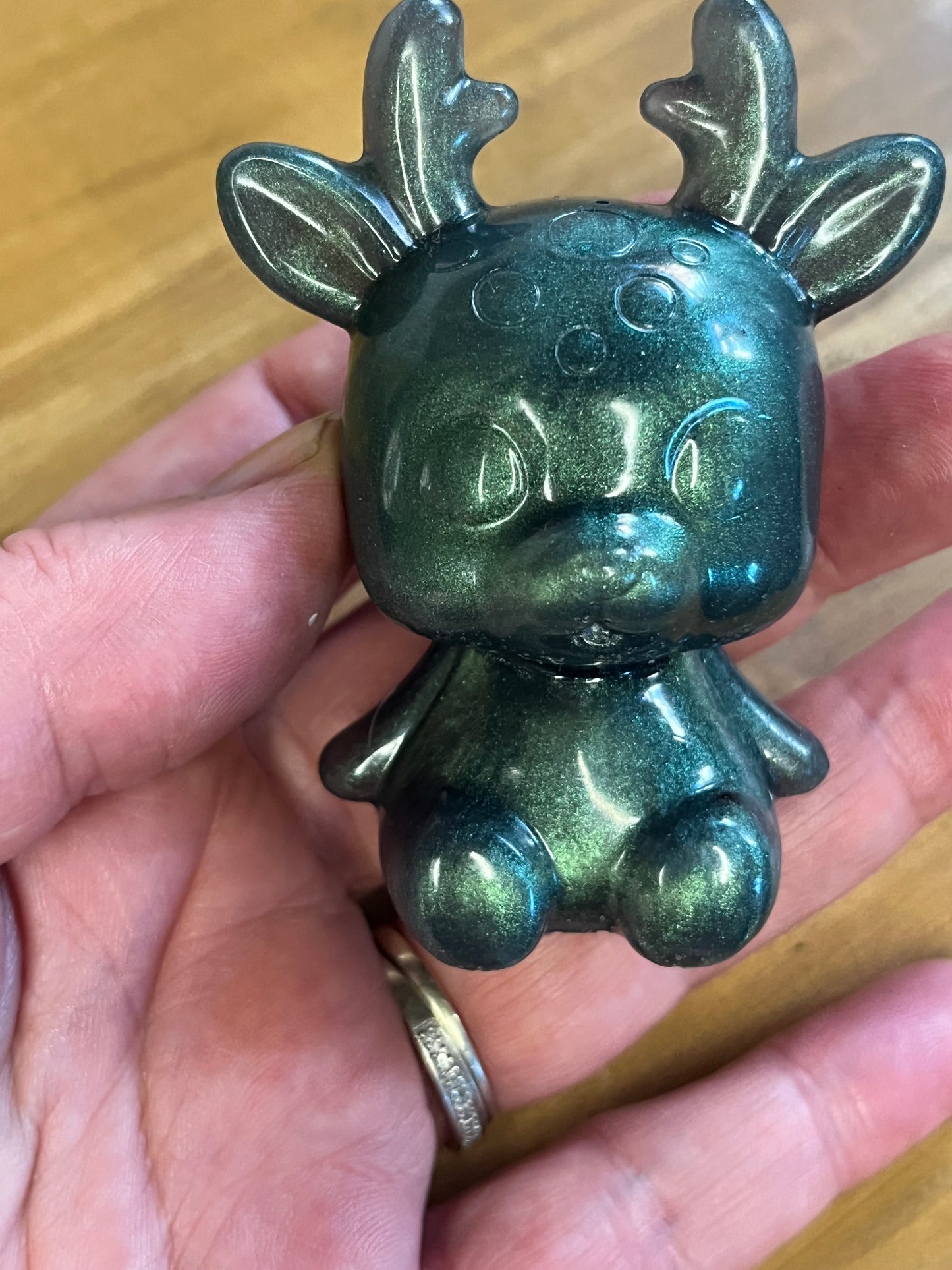 Green Reindeer Resin Figurine, Whimsical Decor, Holiday Seasonal figure, for Collectors