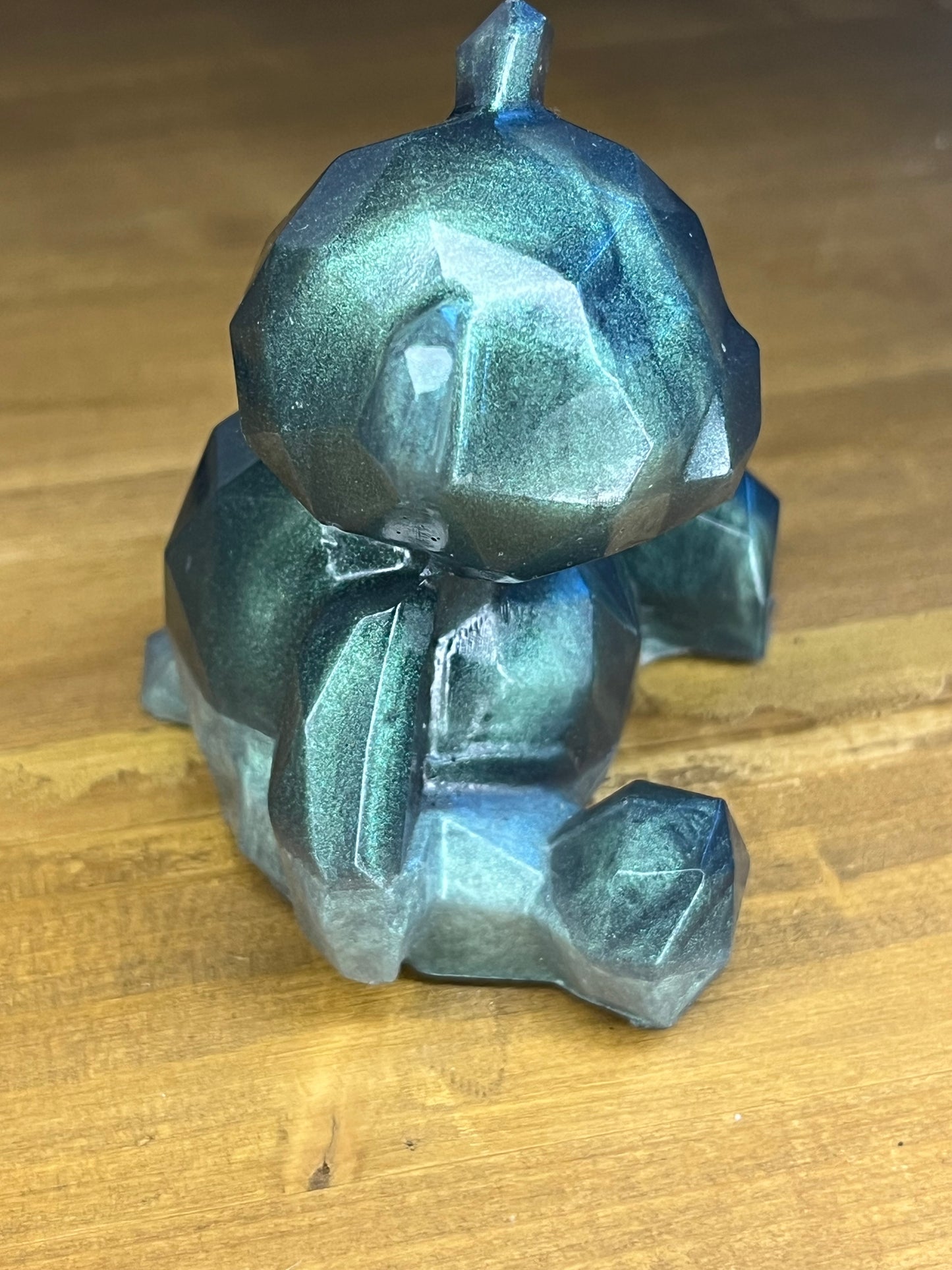 Handmade Resin Geometric Bear, Two-Tone Green Pocket Pet, Shelf Decor
