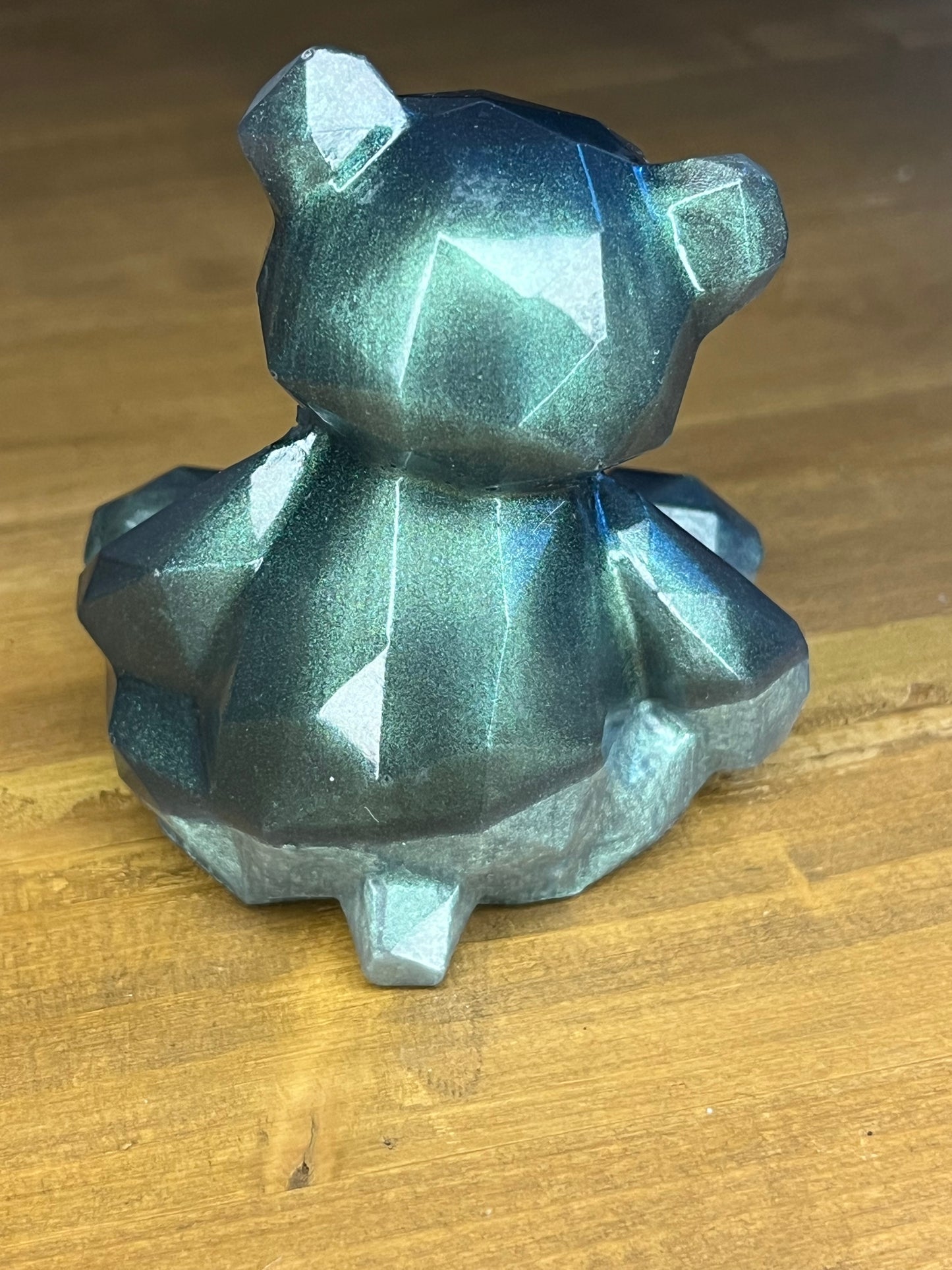 Handmade Resin Geometric Bear, Two-Tone Green Pocket Pet, Shelf Decor