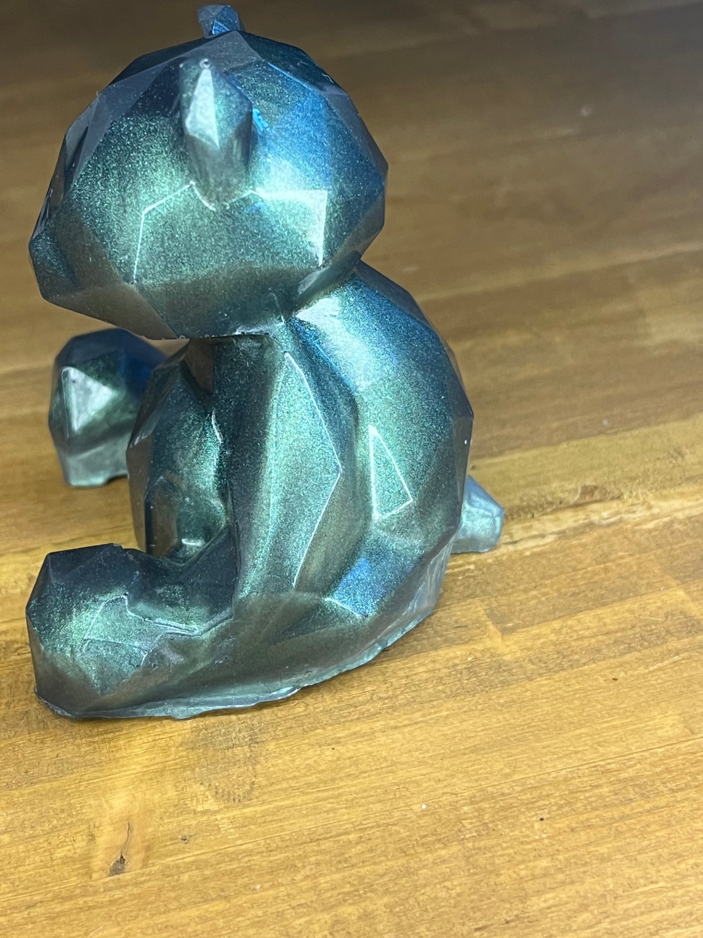 Handmade Resin Geometric Bear, Two-Tone Green Pocket Pet, Shelf Decor