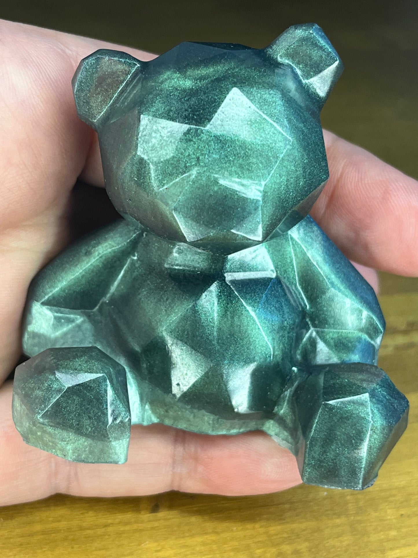 Handmade Resin Geometric Bear, Two-Tone Green Pocket Pet, Shelf Decor