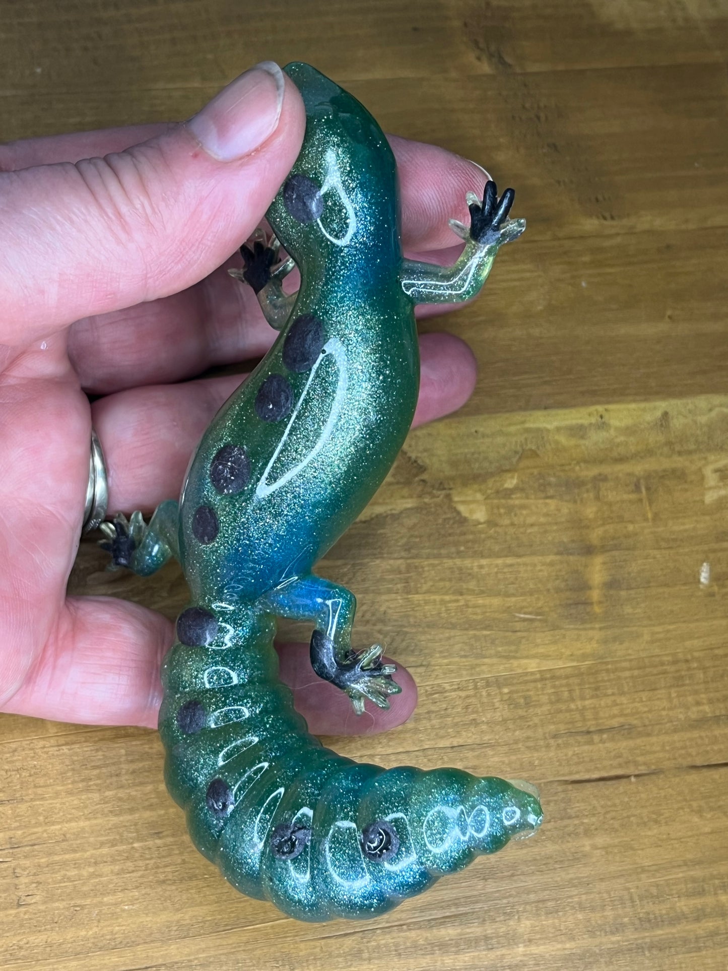 Green and blue spotted gecko resin figurine, handcrafted collectible, desk decor for miniature lovers