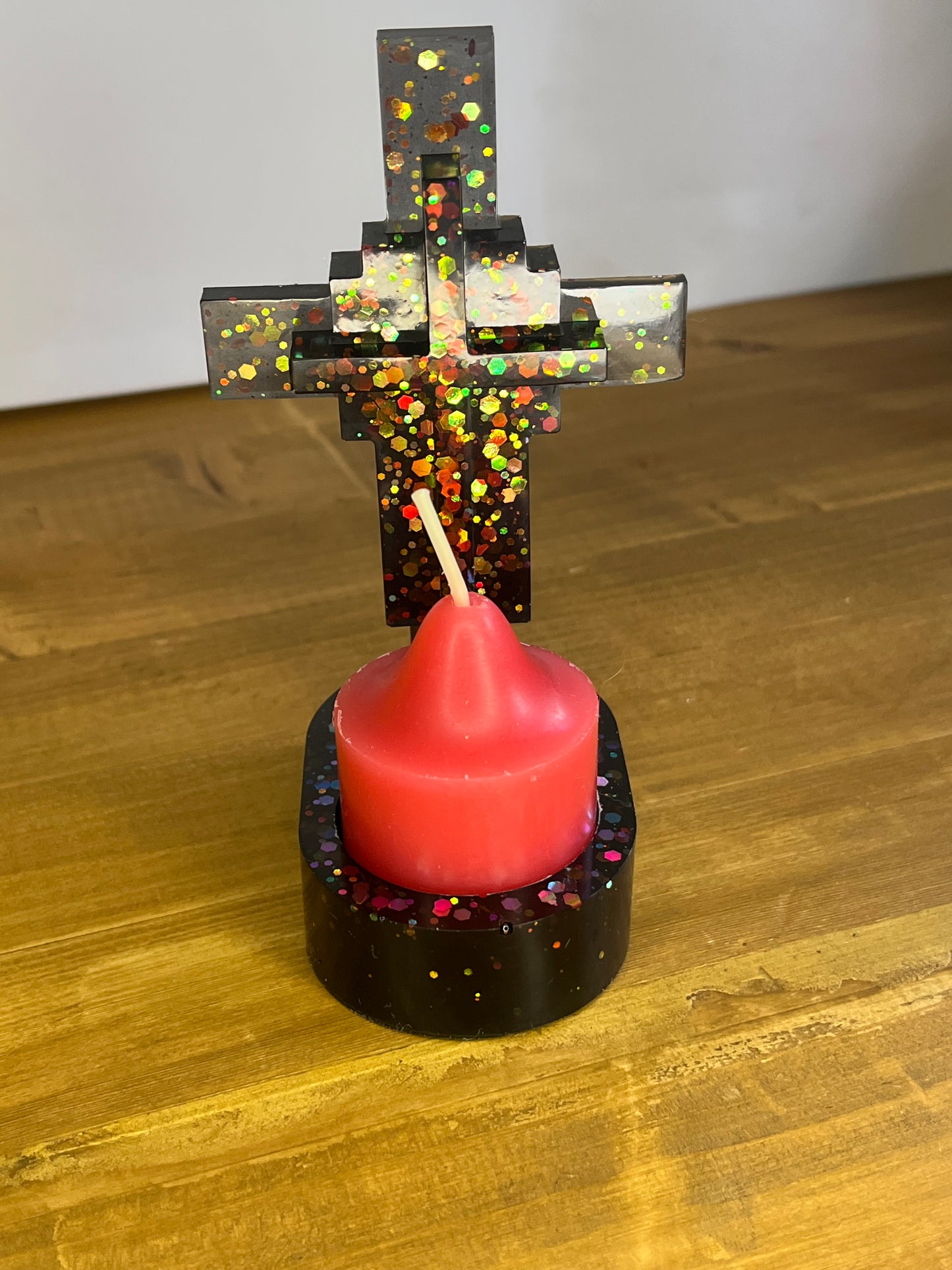 Glittering Resin Cross Votive Holder, Handmade Religious Decor for Spiritual Gift or Home Ornaments