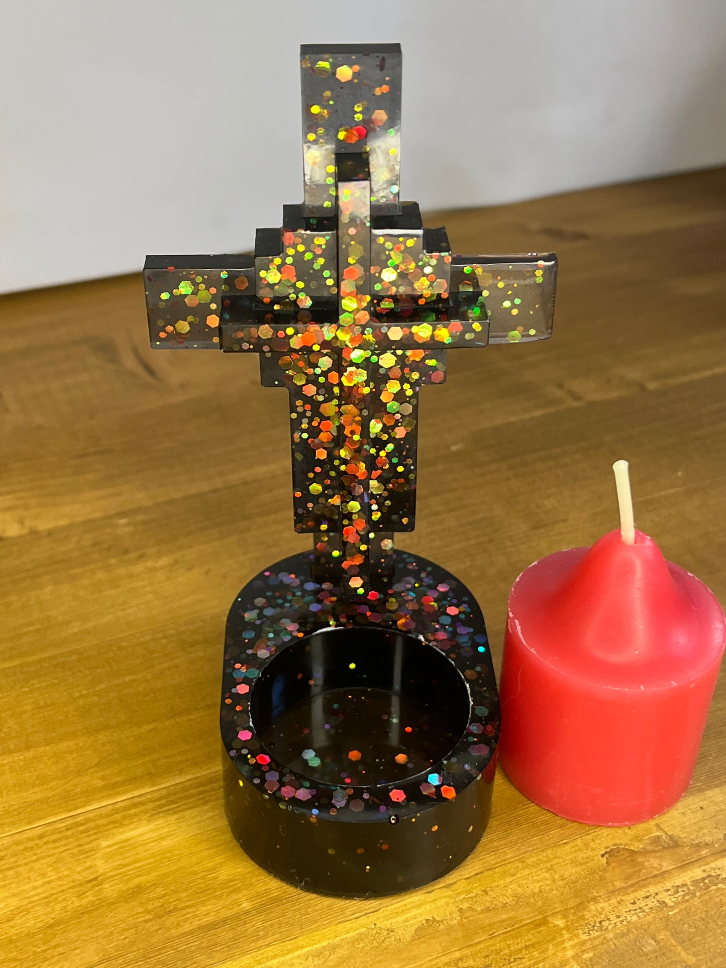 Glittering Resin Cross Votive Holder, Handmade Religious Decor for Spiritual Gift or Home Ornaments