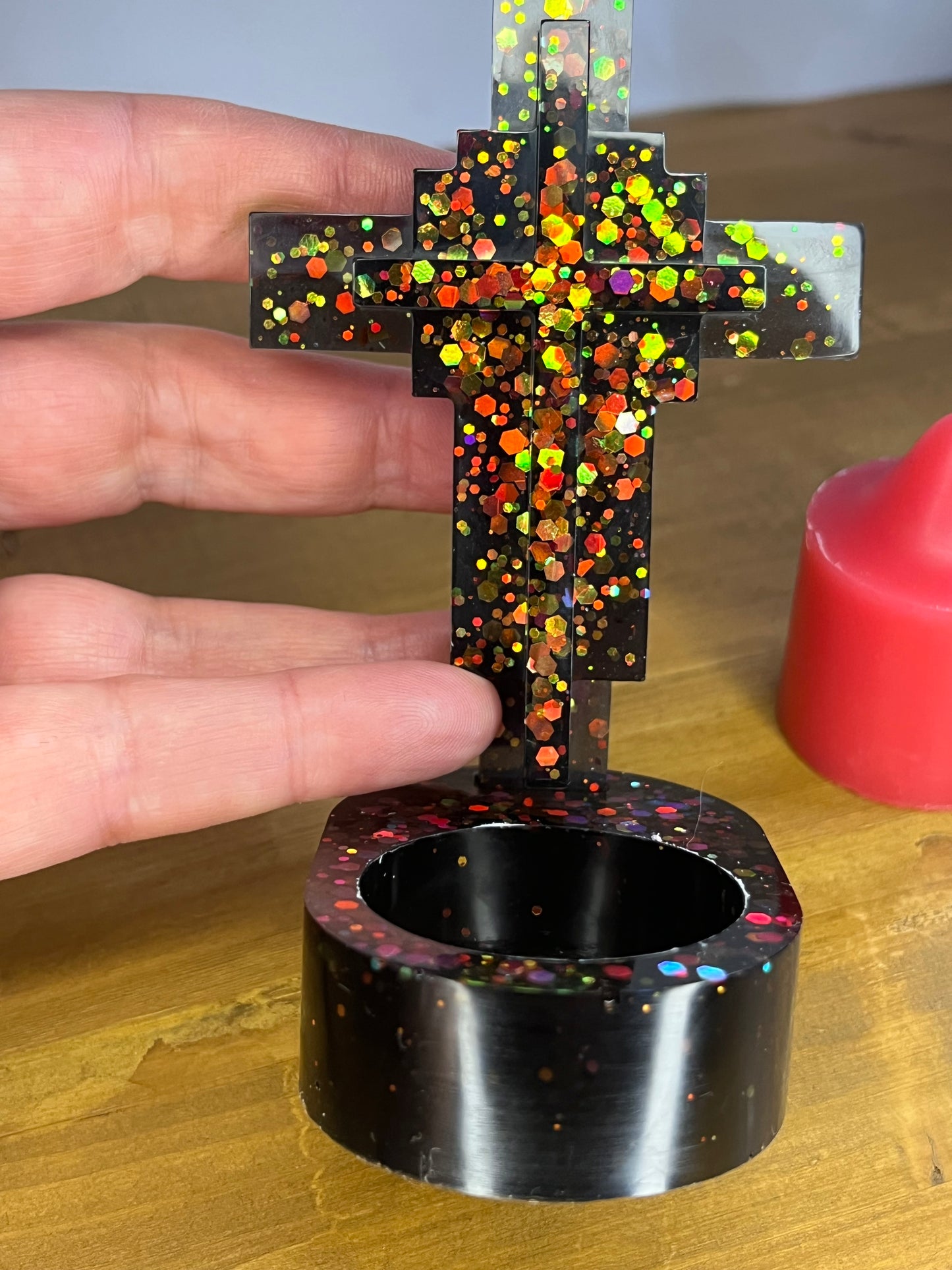 Glittering Resin Cross Votive Holder, Handmade Religious Decor for Spiritual Gift or Home Ornaments