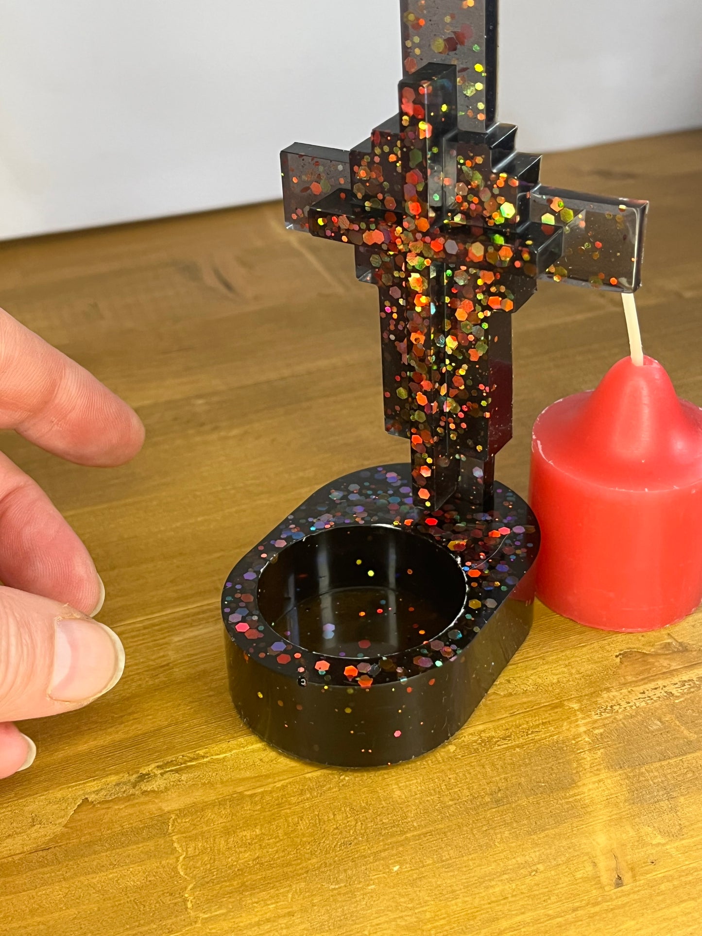 Glittering Resin Cross Votive Holder, Handmade Religious Decor for Spiritual Gift or Home Ornaments