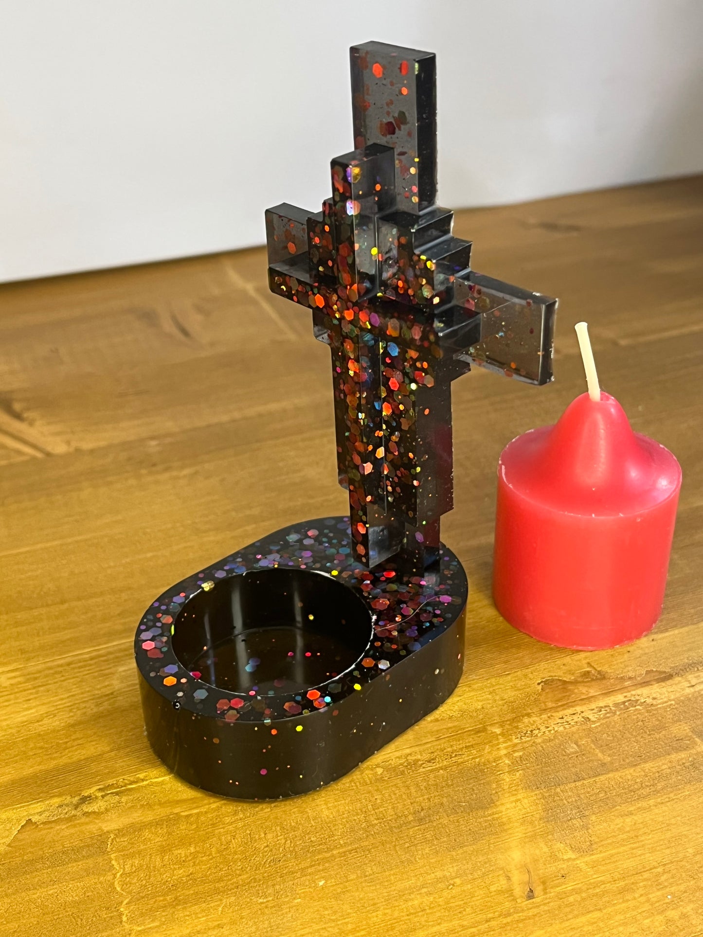 Glittering Resin Cross Votive Holder, Handmade Religious Decor for Spiritual Gift or Home Ornaments
