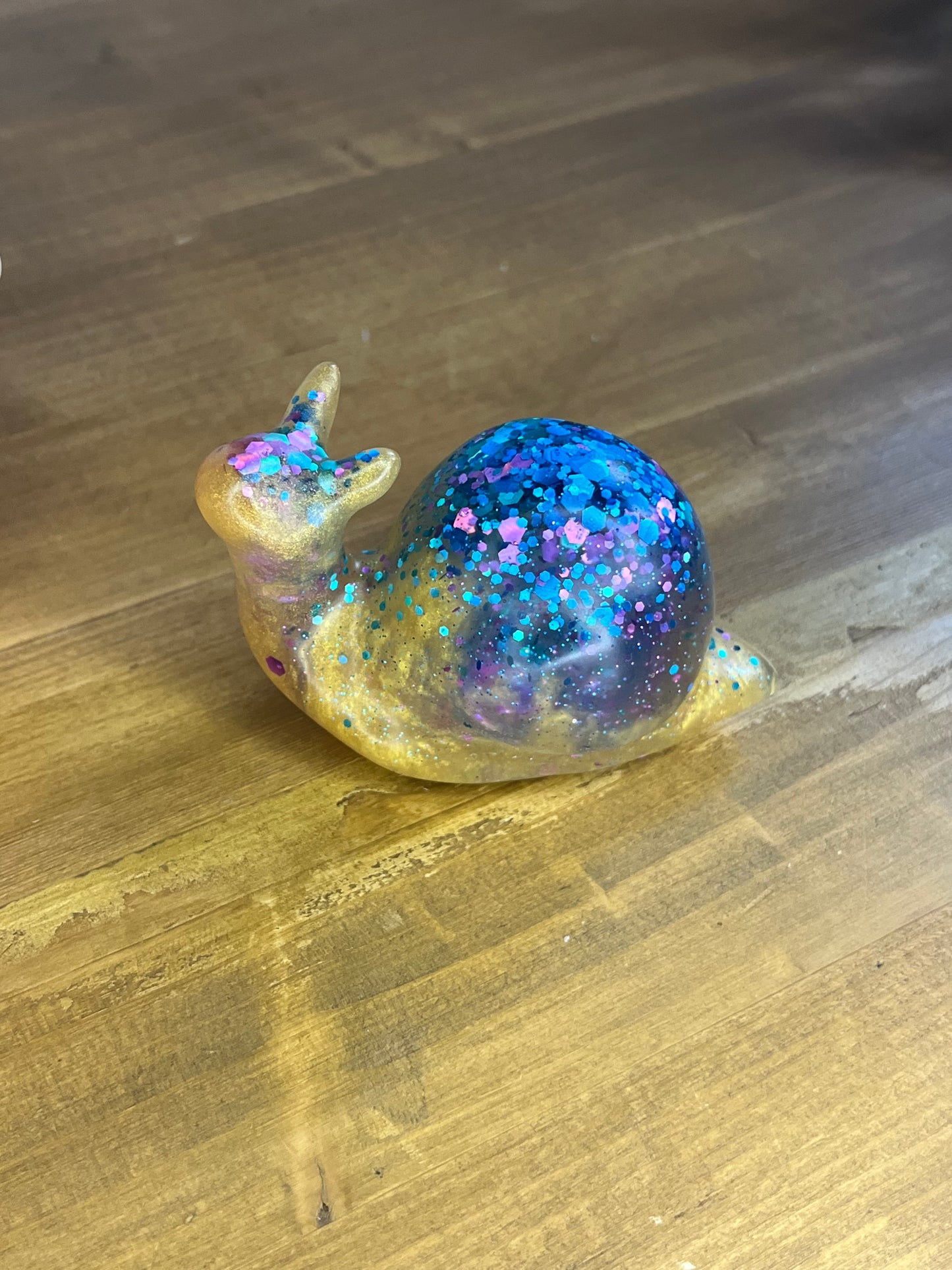 Handcrafted Yellow & Blue Glitter Resin Snail, Whimsical Collectible Figurine, for Garden or Nature Lovers