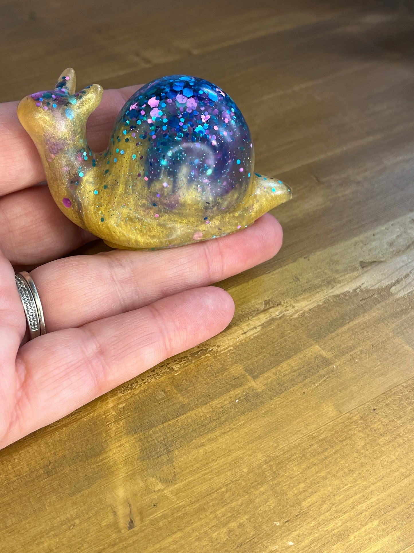 Handcrafted Yellow & Blue Glitter Resin Snail, Whimsical Collectible Figurine, for Garden or Nature Lovers
