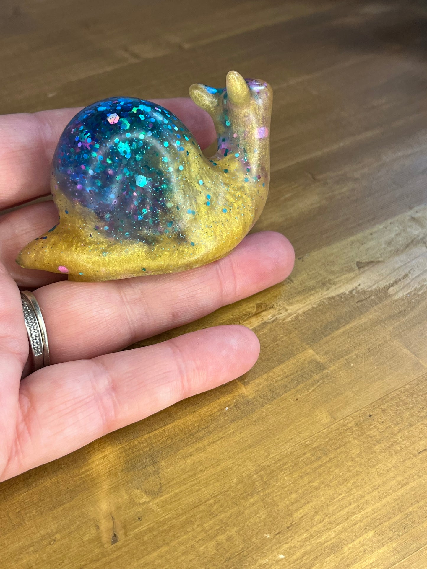 Handcrafted Yellow & Blue Glitter Resin Snail, Whimsical Collectible Figurine, for Garden or Nature Lovers