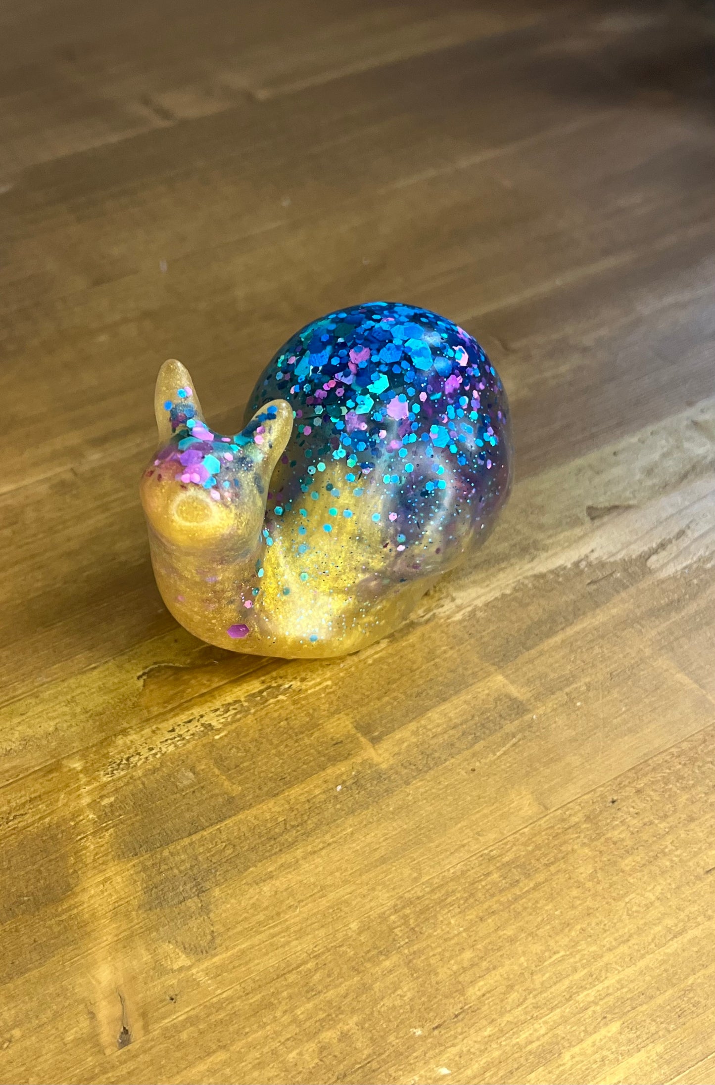 Handcrafted Yellow & Blue Glitter Resin Snail, Whimsical Collectible Figurine, for Garden or Nature Lovers