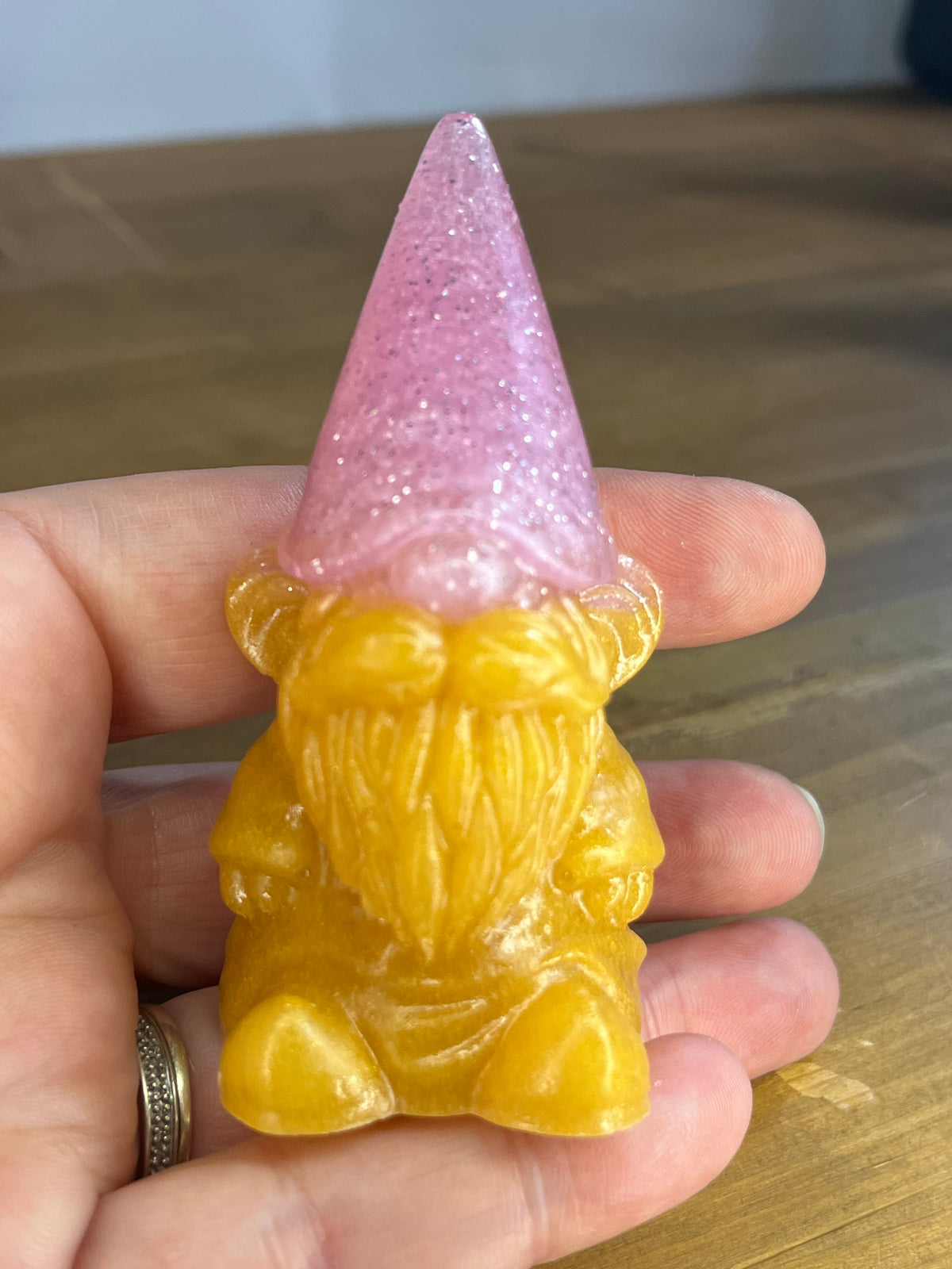 Pink Gnome Figurine, Resin Glitter Hat With Gold Accents for Shelf Decor