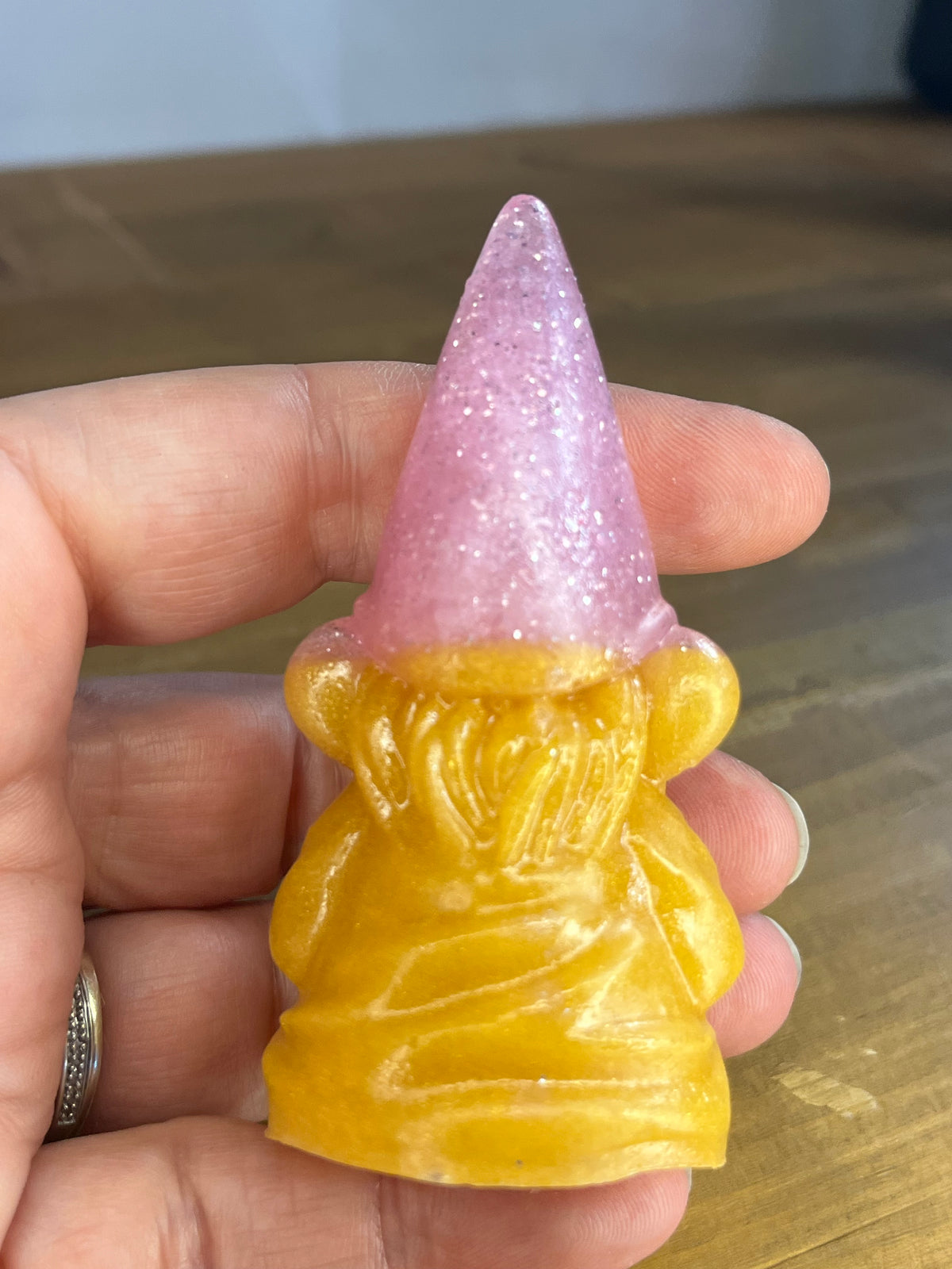 Pink Gnome Figurine, Resin Glitter Hat With Gold Accents for Shelf Decor