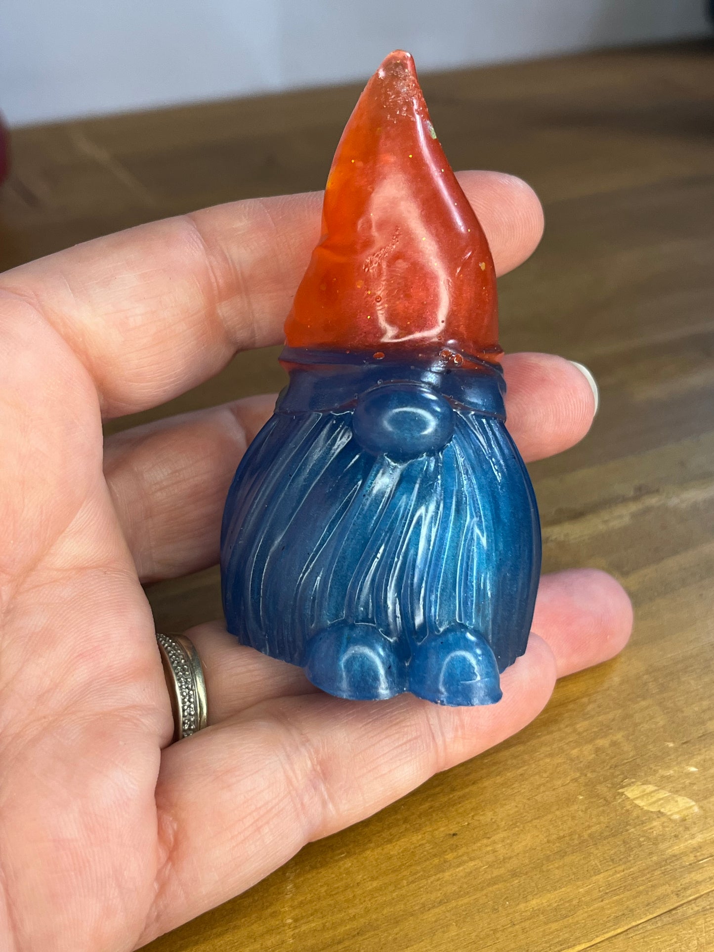 Colorful Blue Resin Gonk Figurine, Whimsical Garden Decor with Orange Hat