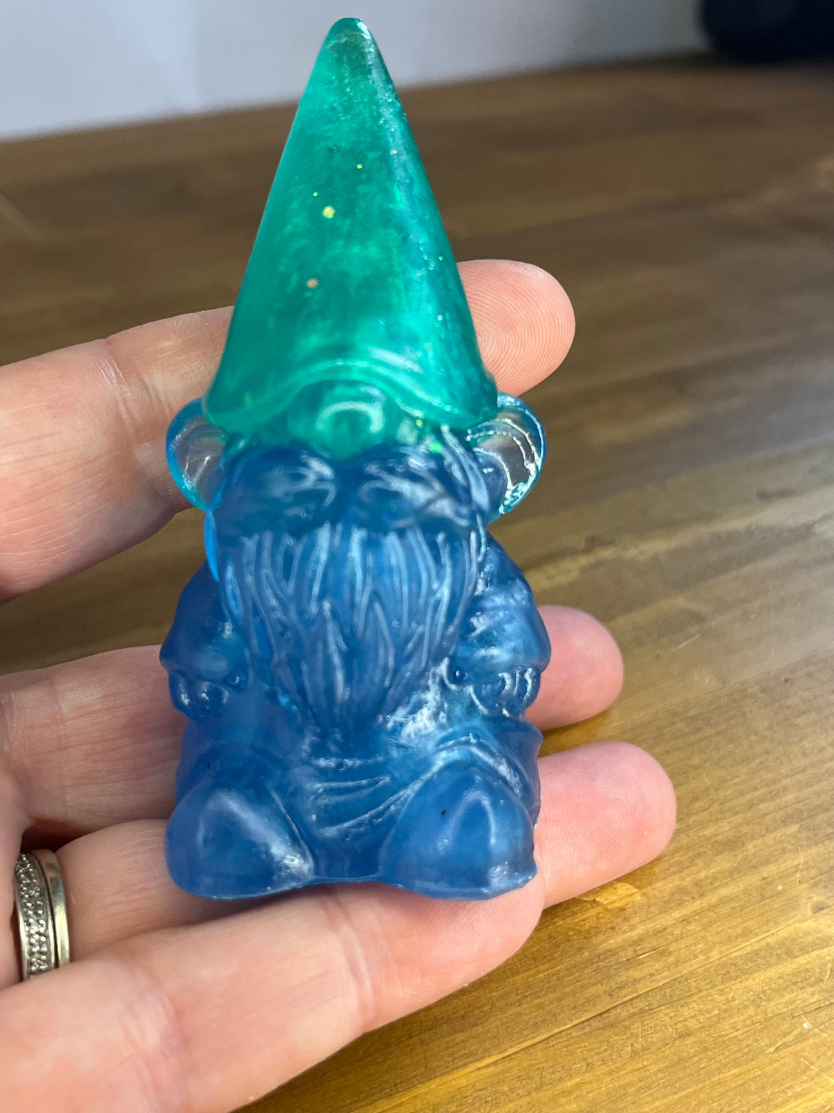 Resin Gnome Figure, Blue Gonk with Tall Orange Hat and Colorful Accents