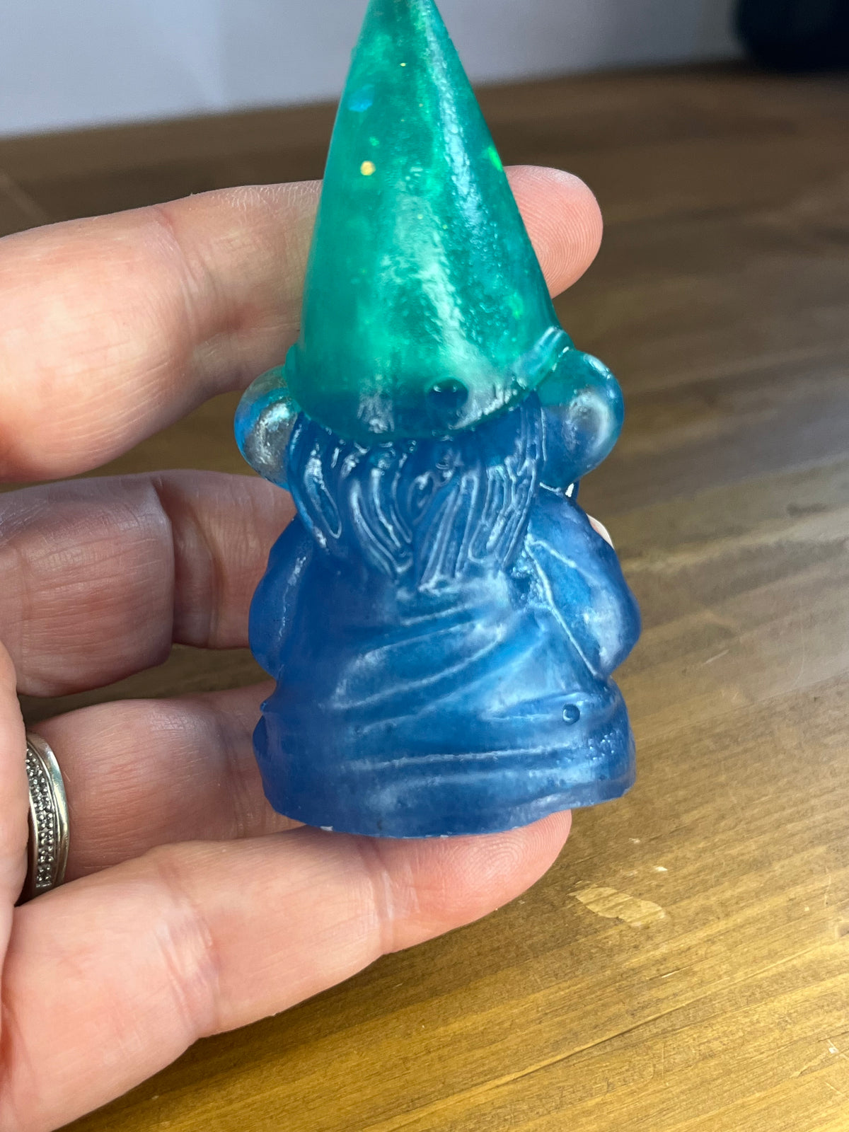 Resin Gnome Figure, Blue Gonk with Tall Orange Hat and Colorful Accents